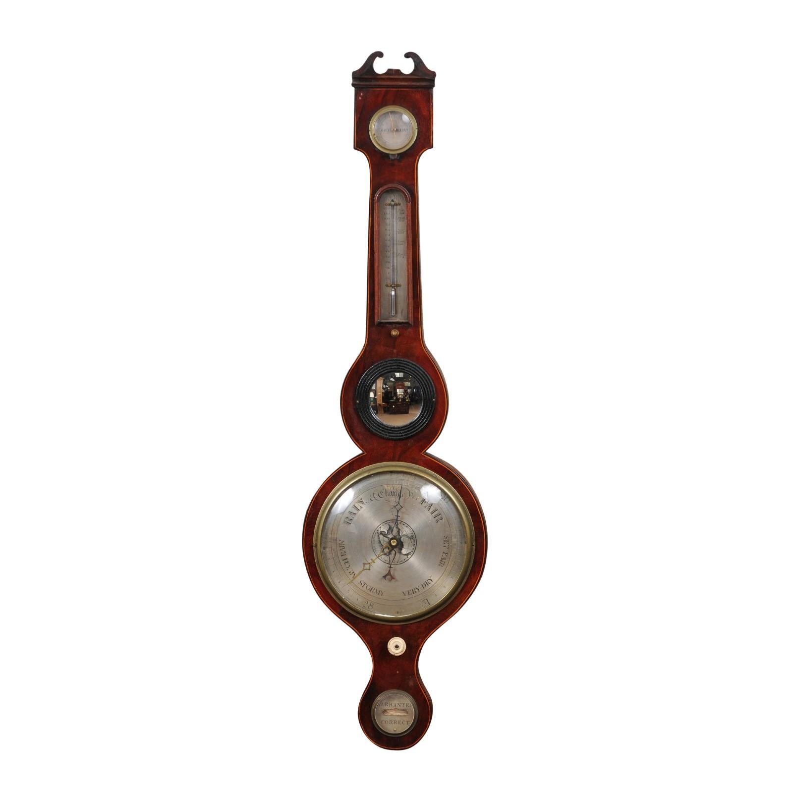 Regency Banjo Barometer in Mahogany with Swan Neck Pediment, England ca. 1820 For Sale