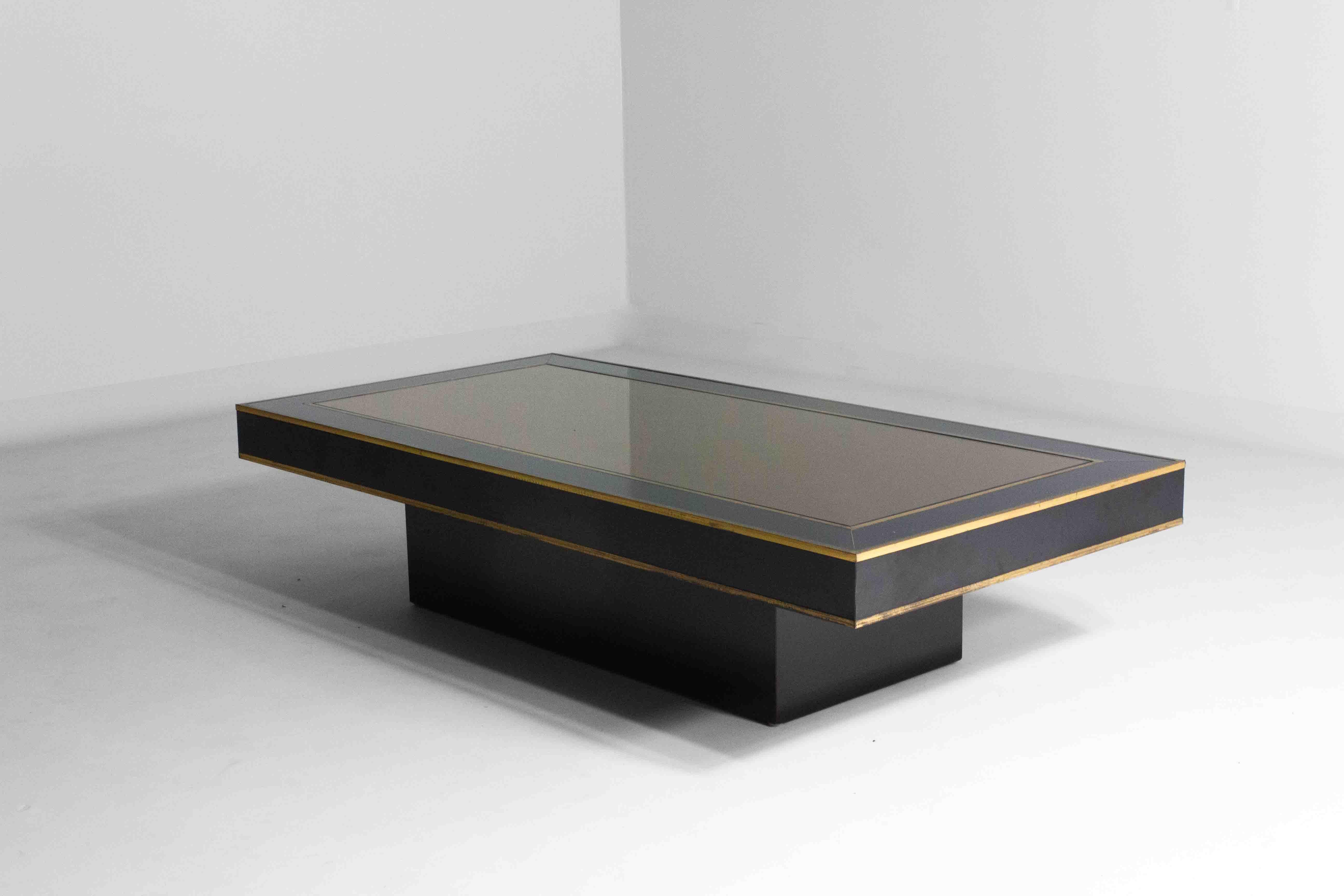 Italian Regency black and brass mirror coffee table, Italy 1980s For Sale