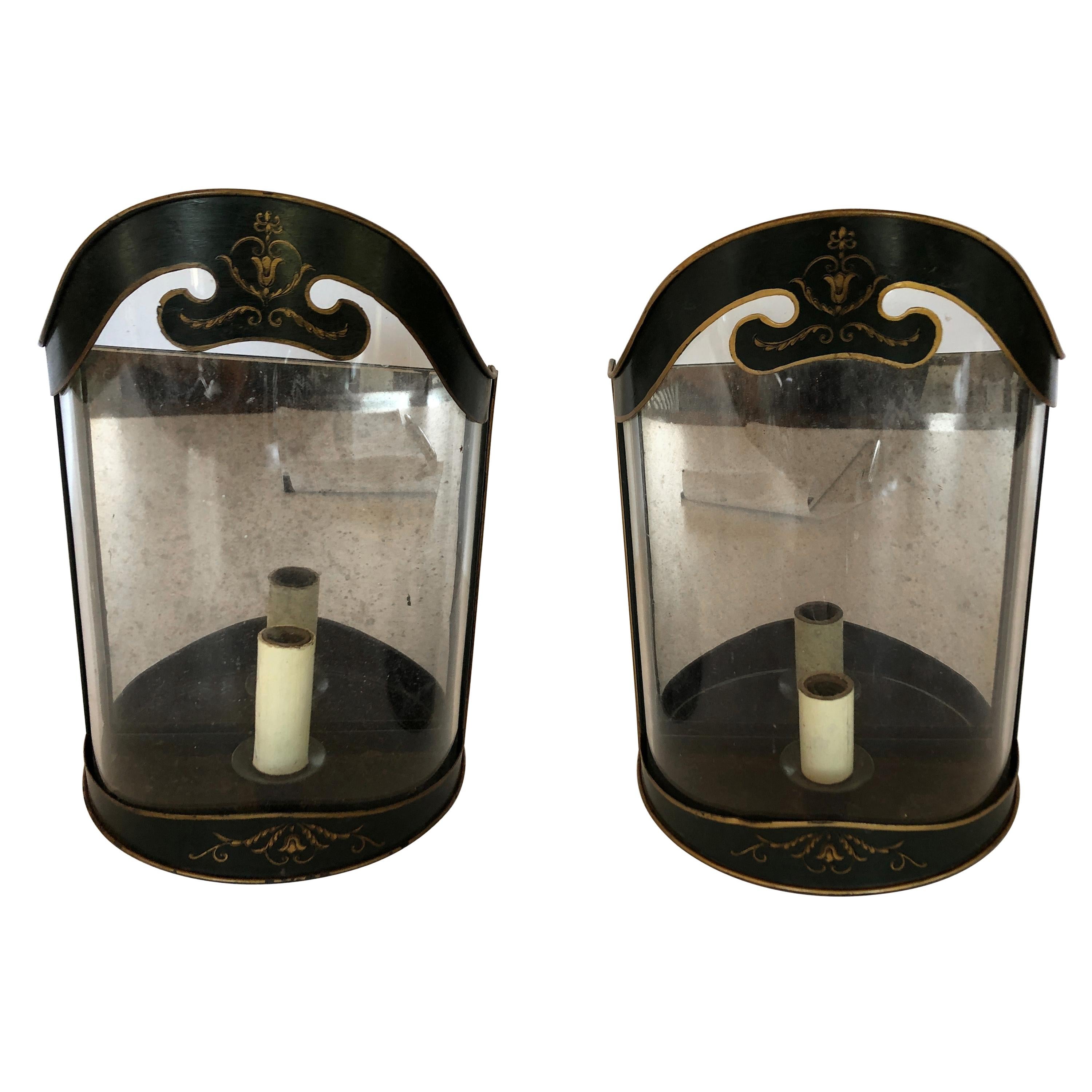 Regency Hunter Green and Gold Painted Tole Curved Lantern Sconces