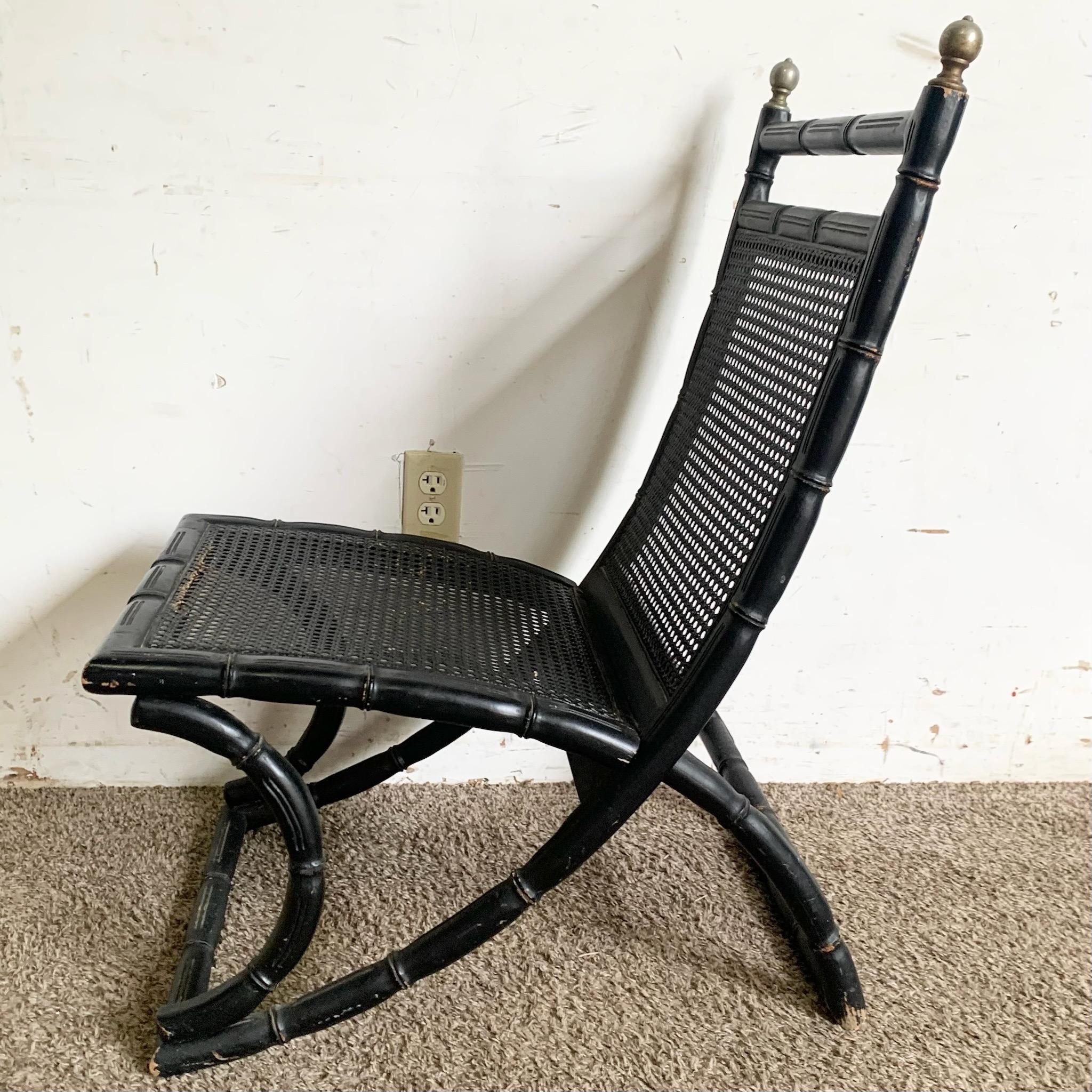 Regency Black Faux Bamboo and Cane Chair With Tufted Yellow Cushions 5