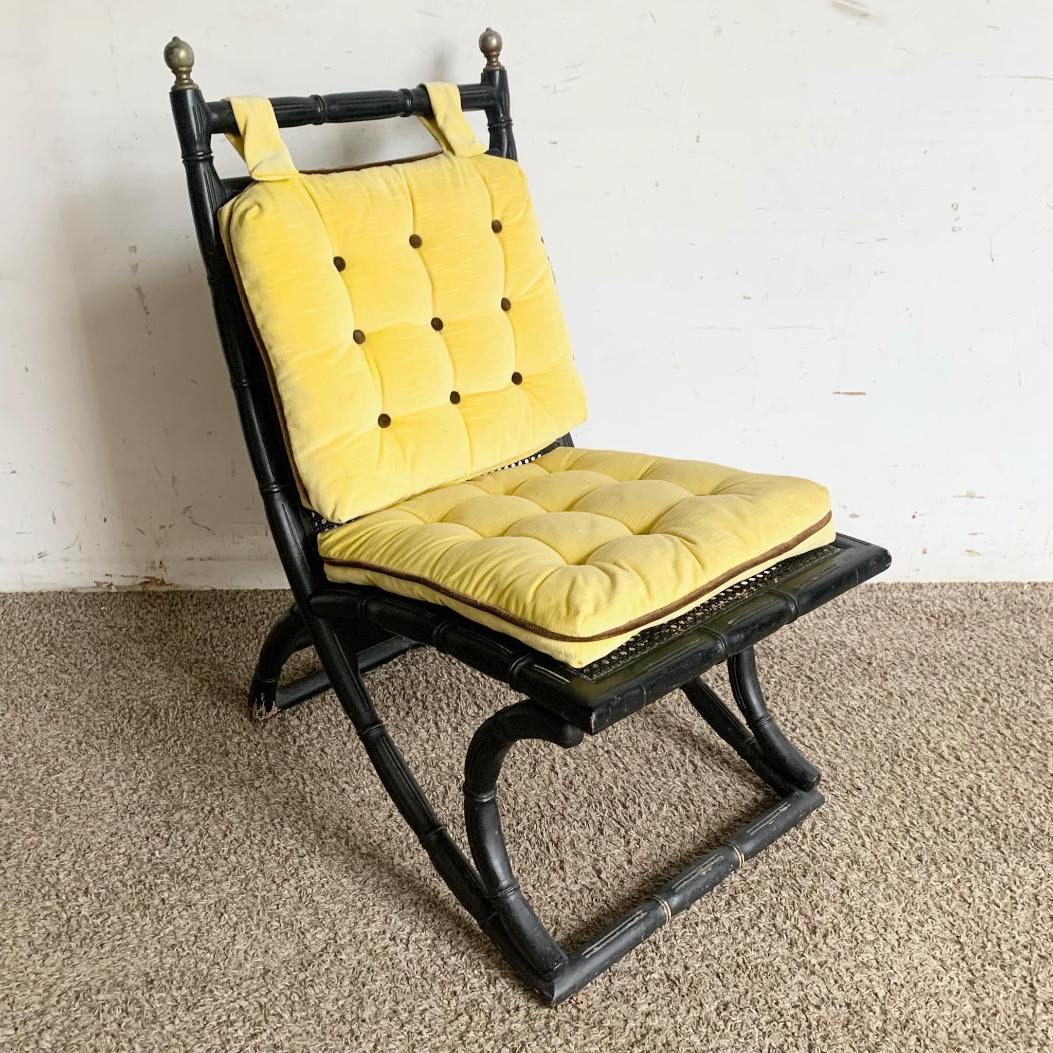 Unknown Regency Black Faux Bamboo and Cane Chair With Tufted Yellow Cushions