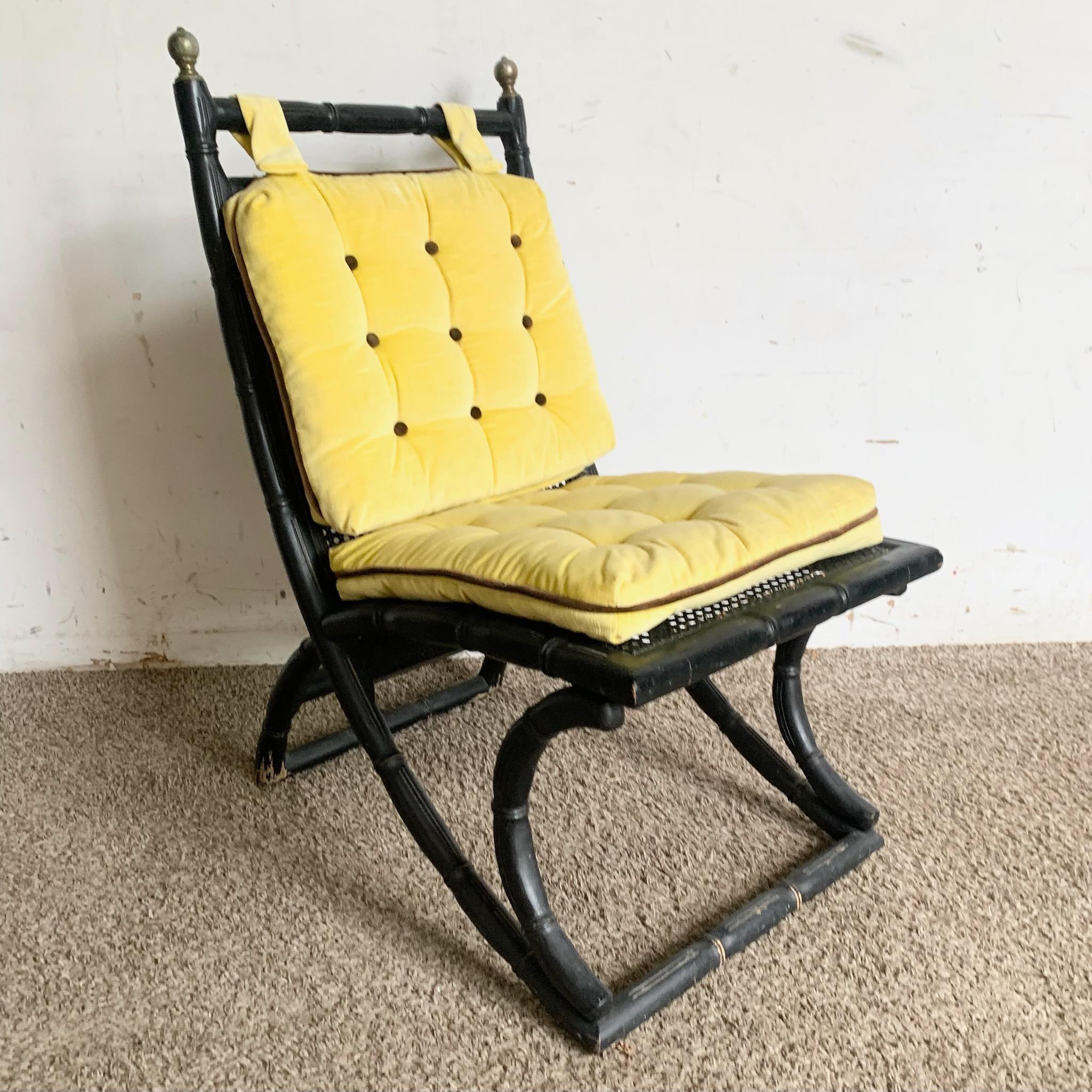 Regency Black Faux Bamboo and Cane Chair With Tufted Yellow Cushions In Good Condition In Delray Beach, FL