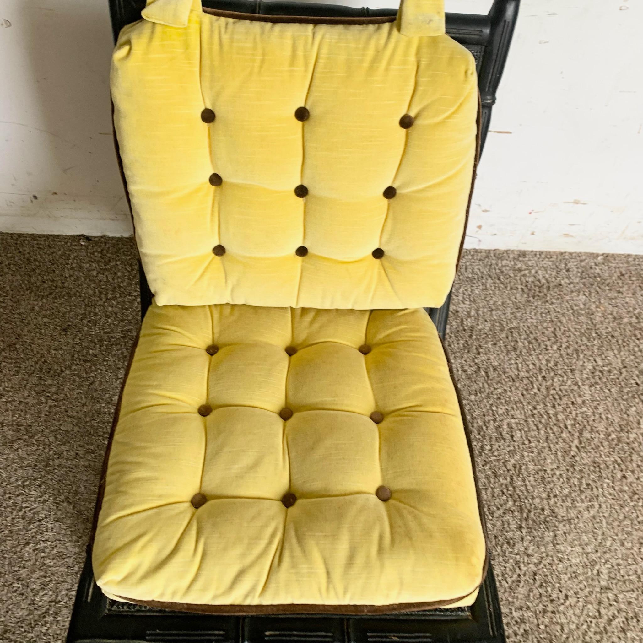 Regency Black Faux Bamboo and Cane Chair With Tufted Yellow Cushions 1