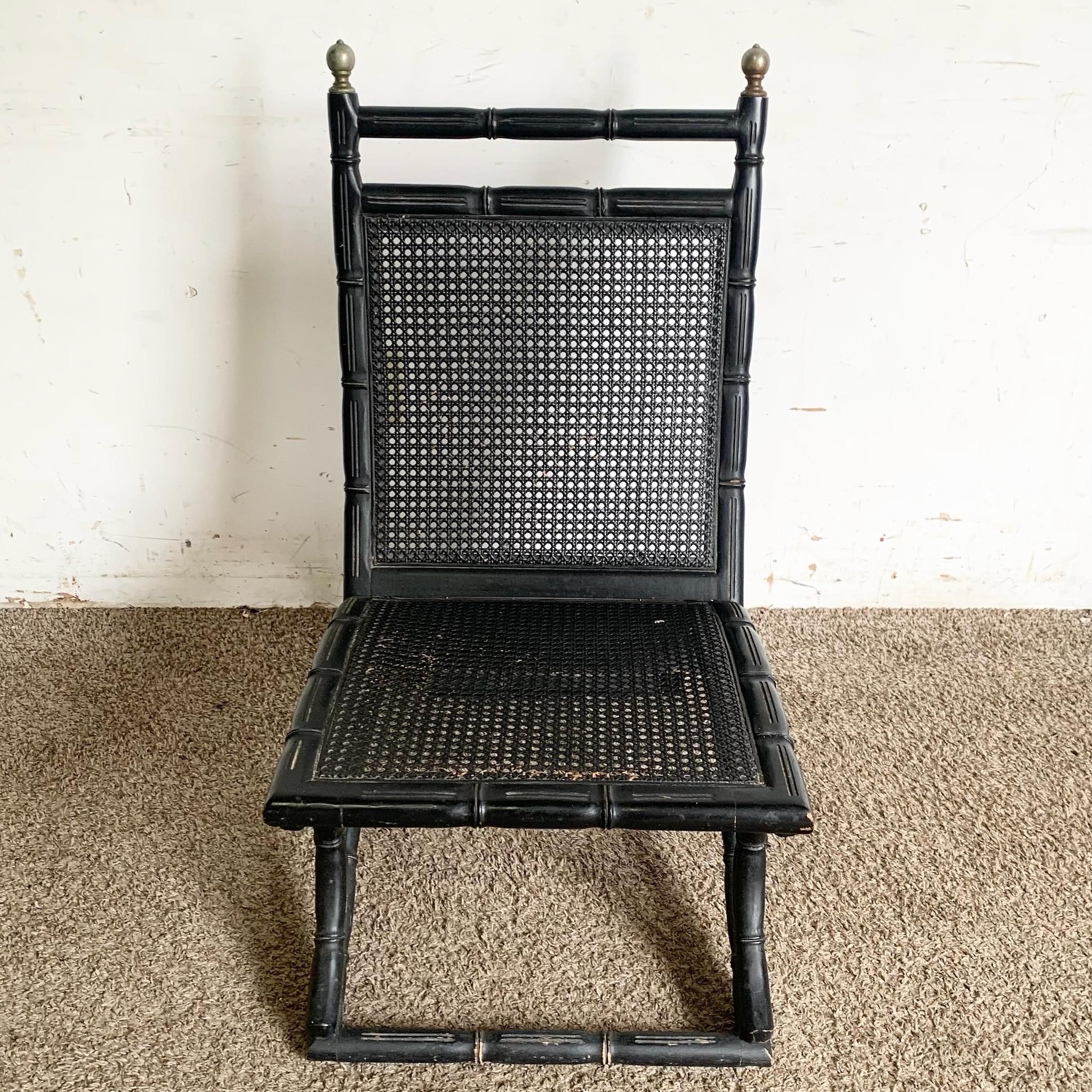 Regency Black Faux Bamboo and Cane Chair With Tufted Yellow Cushions 2
