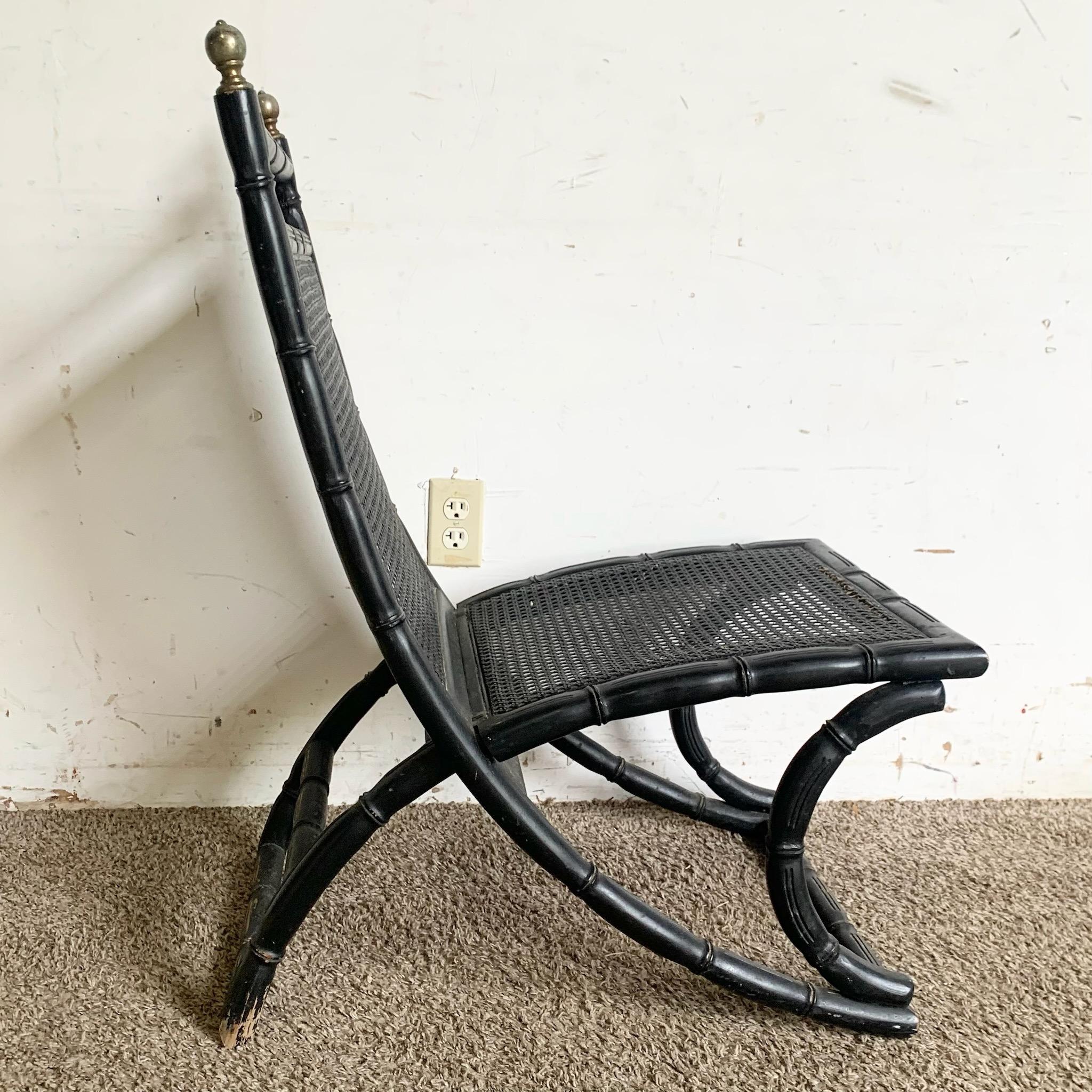 Regency Black Faux Bamboo and Cane Chair With Tufted Yellow Cushions 3