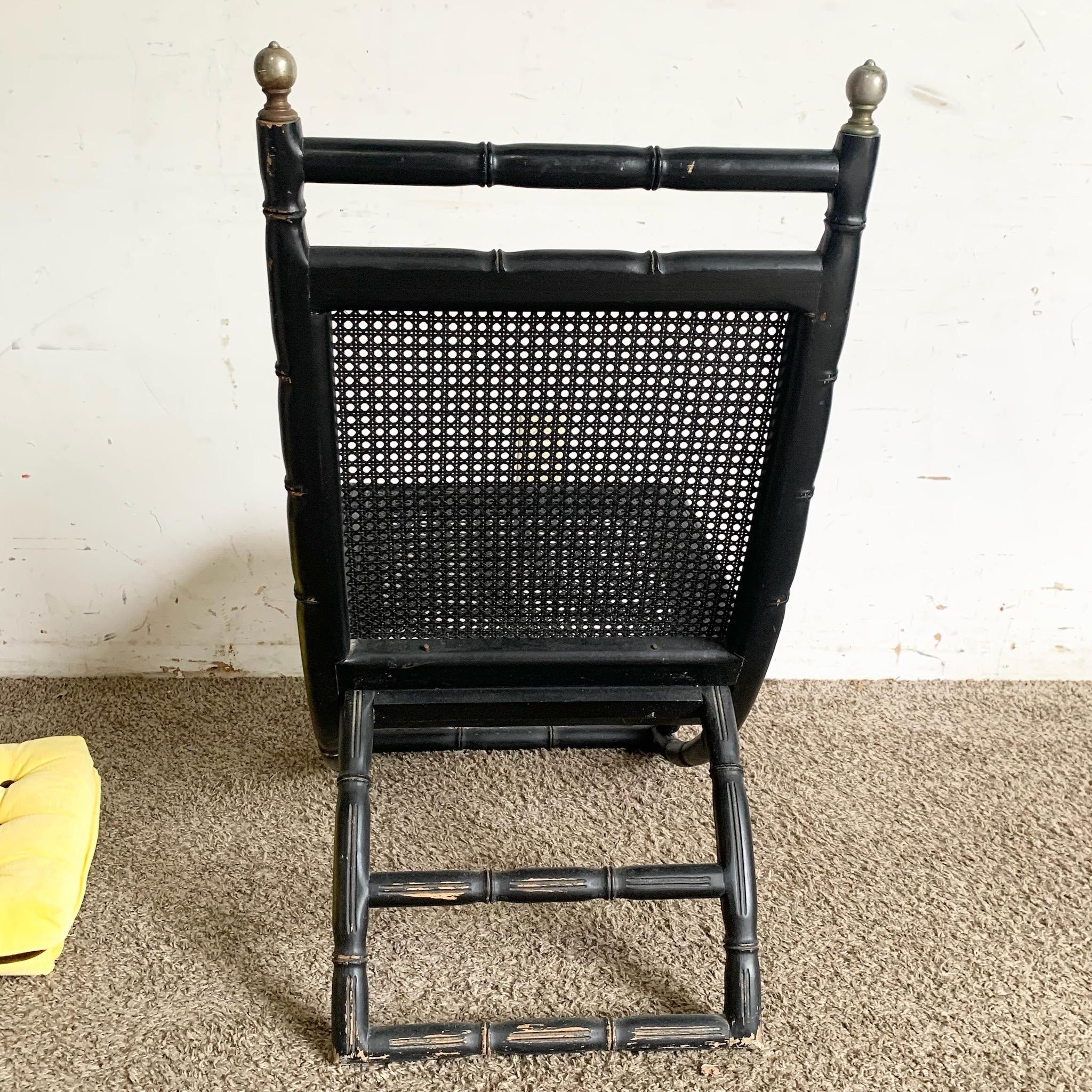 Regency Black Faux Bamboo and Cane Chair With Tufted Yellow Cushions 4