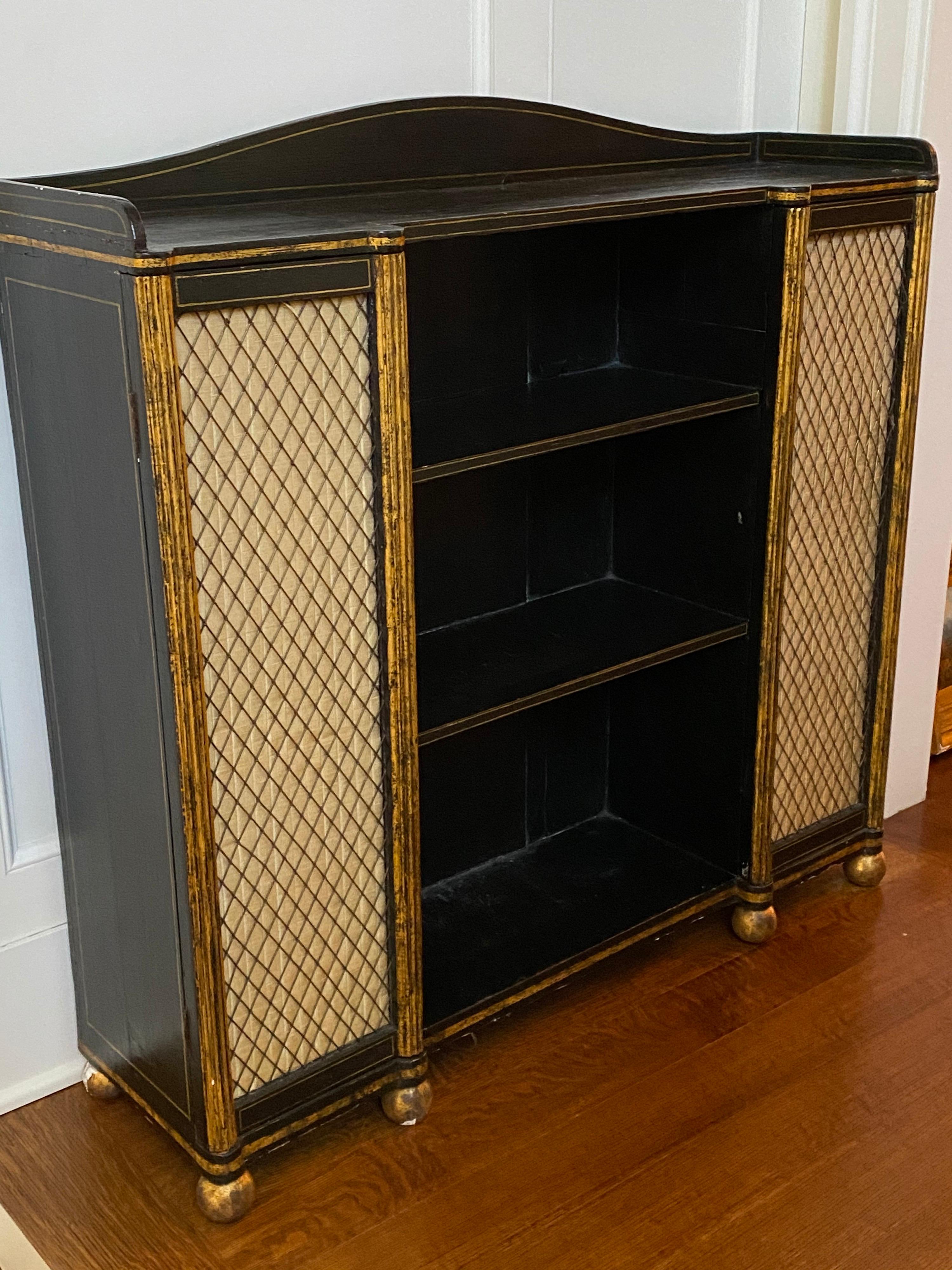 Regency Black and Gold Decorated Open Bookshelves with Silk Doors, 19th Century 8