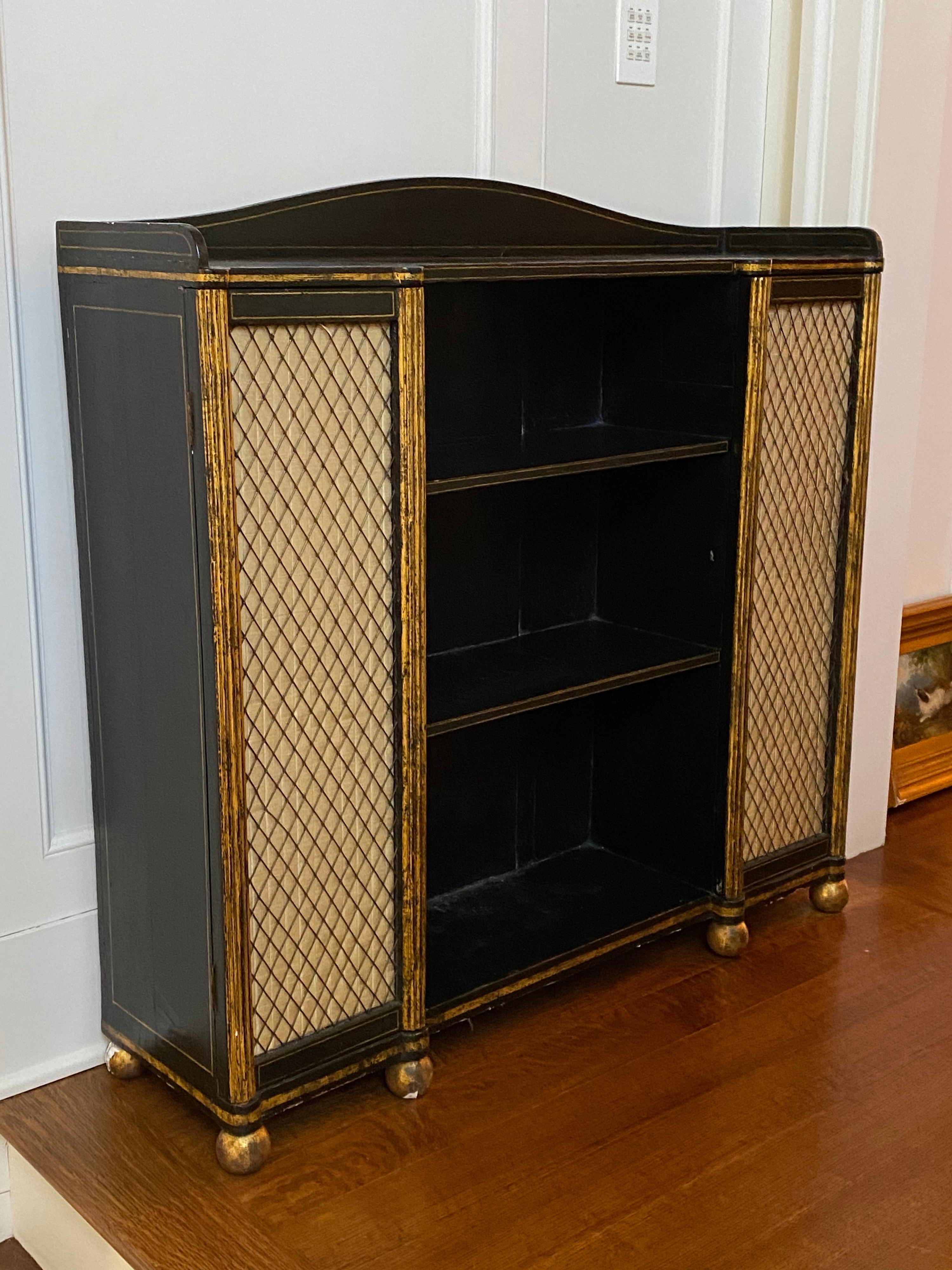 Regency Black and Gold Decorated Open Bookshelves with Silk Doors, 19th Century 9