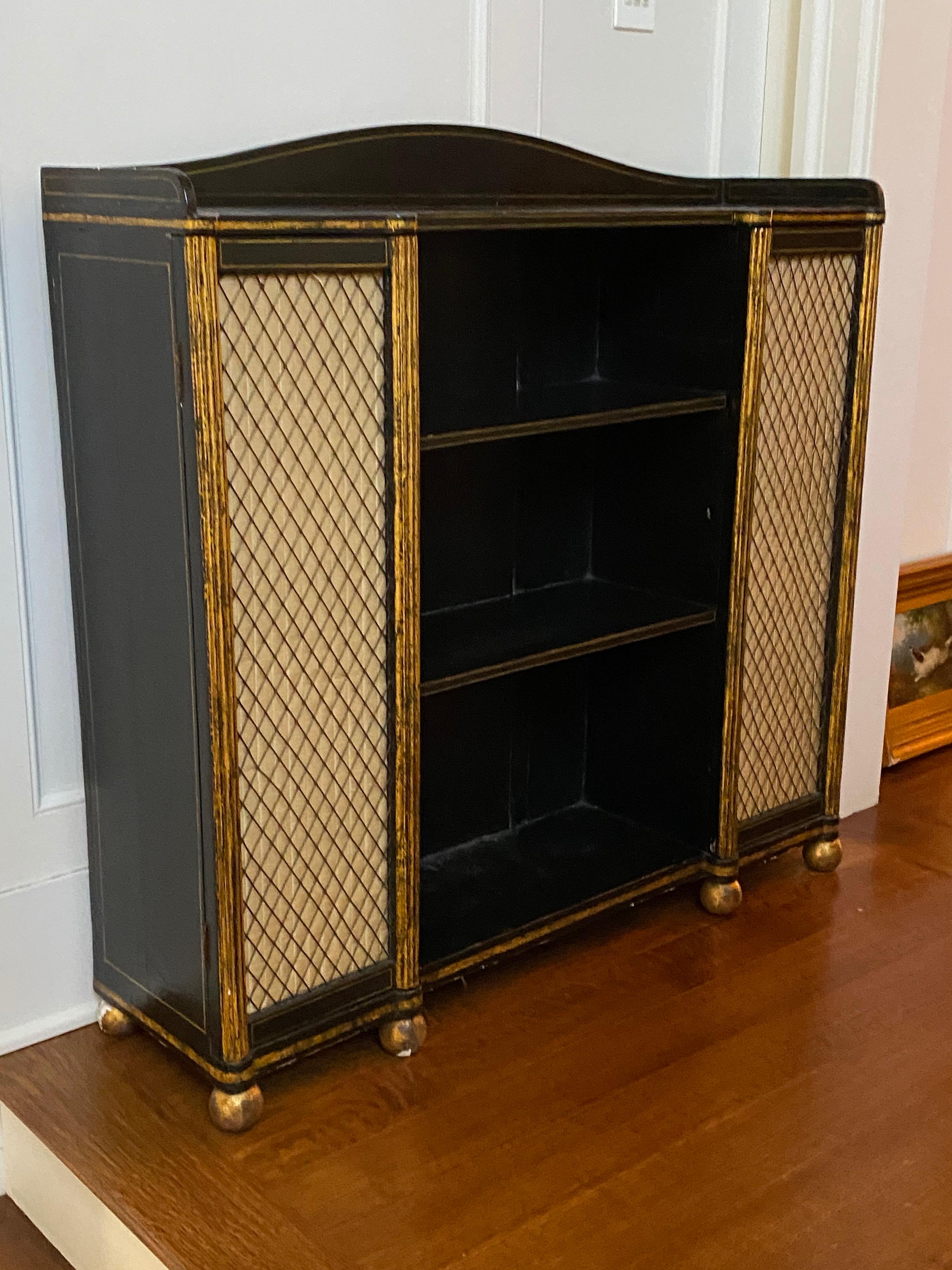 Regency Black and Gold Decorated Open Bookshelves with Silk Doors, 19th Century 10