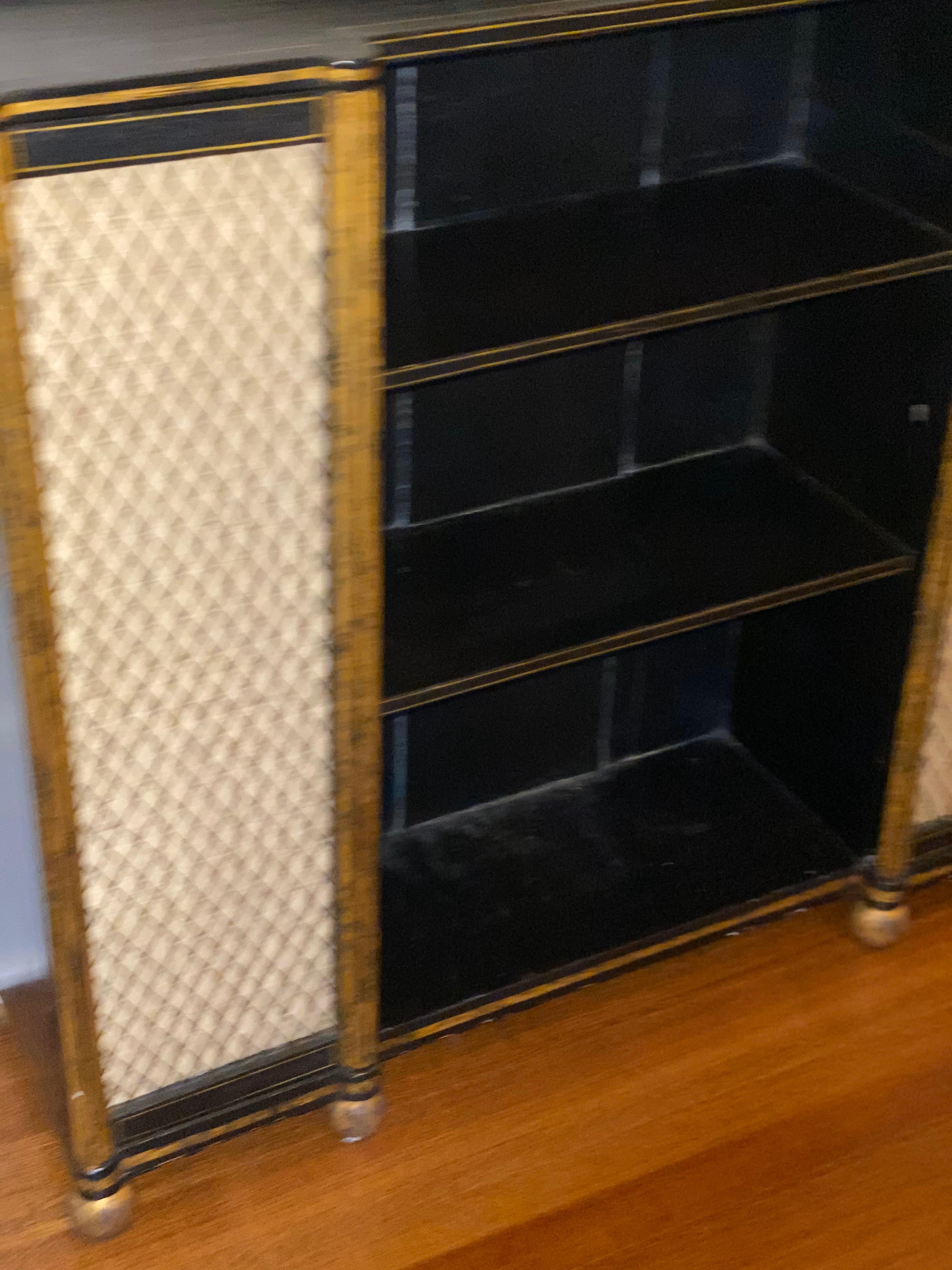 Regency Black and Gold Decorated Open Bookshelves with Silk Doors, 19th Century In Good Condition In Southampton, NY