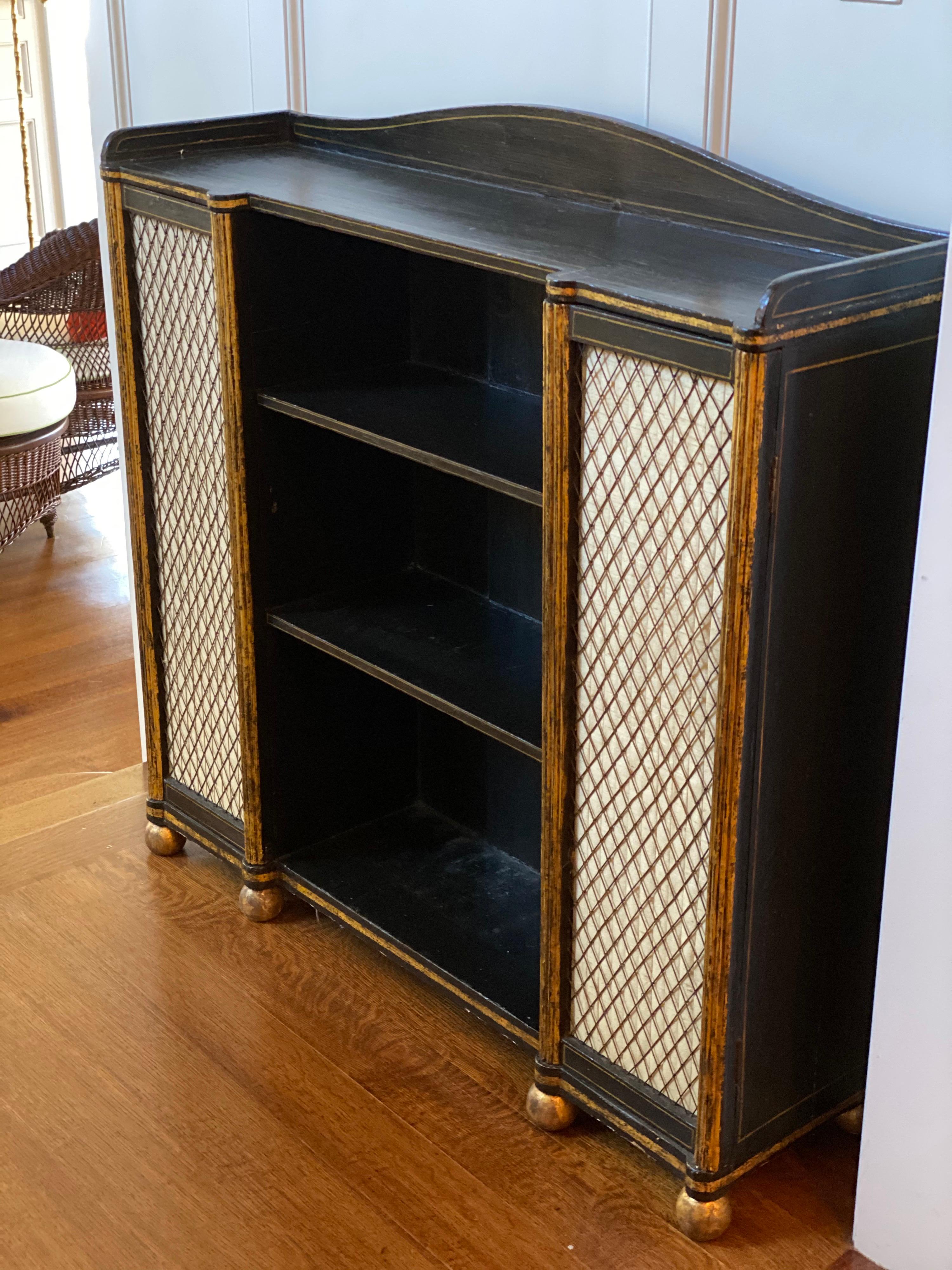 Wood Regency Black and Gold Decorated Open Bookshelves with Silk Doors, 19th Century