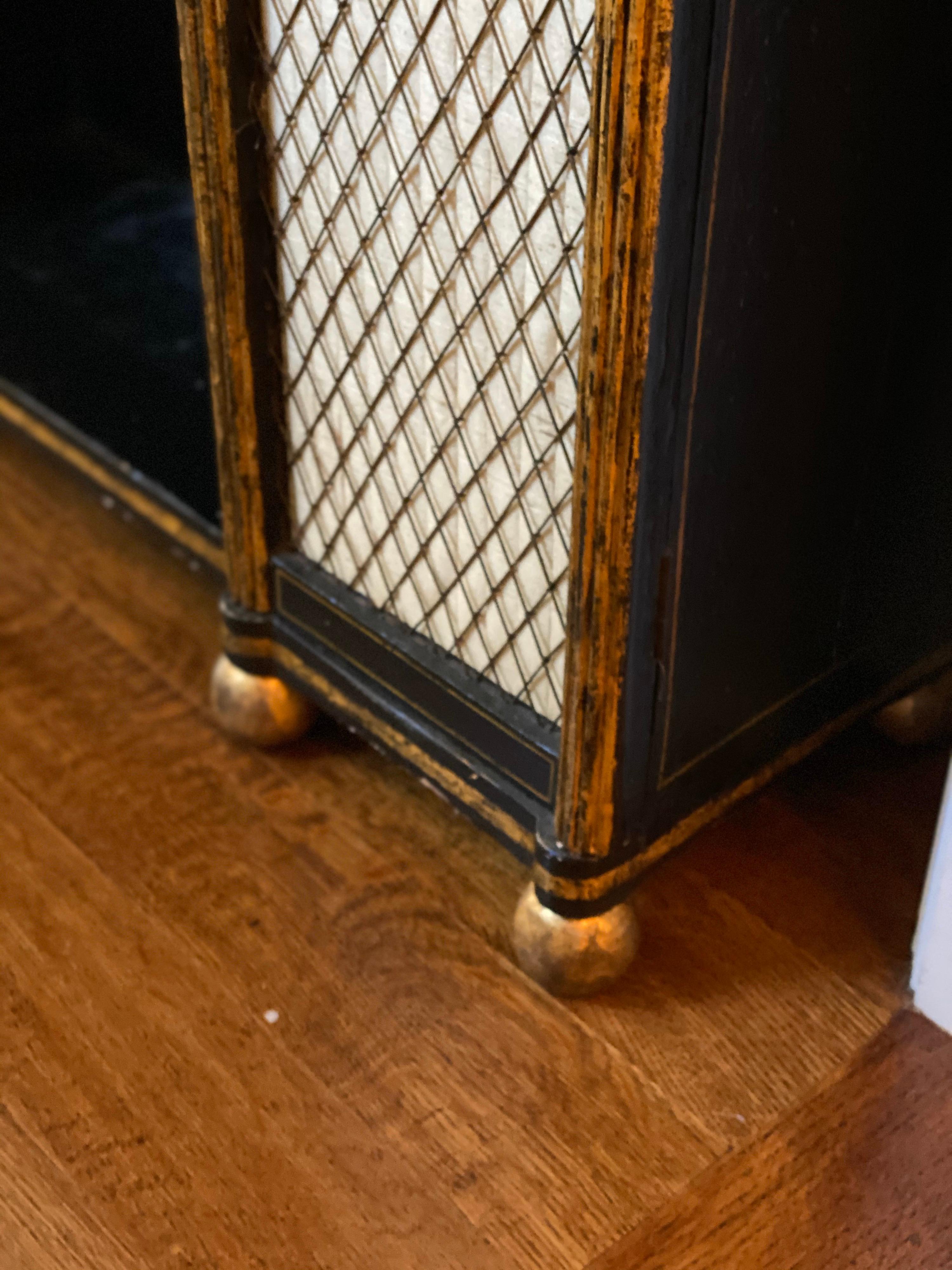 Regency Black and Gold Decorated Open Bookshelves with Silk Doors, 19th Century 3