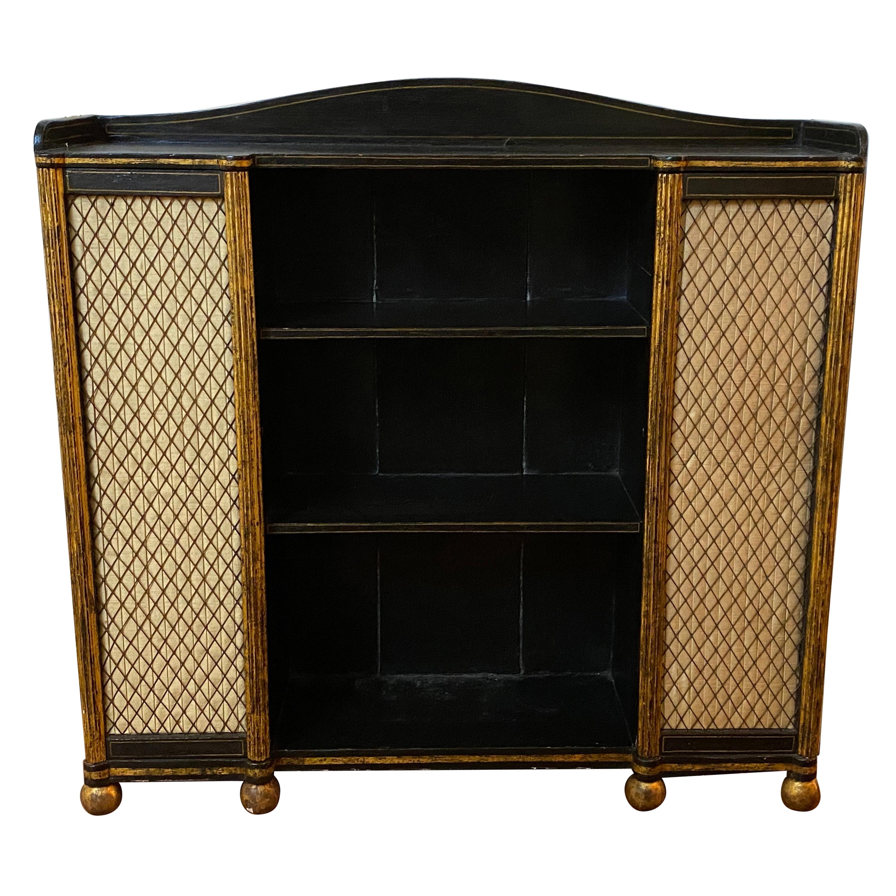 Regency Black and Gold Decorated Open Bookshelves with Silk Doors, 19th Century