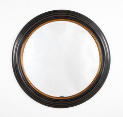 Regency Black Lacquer And Gilt Round Mirror With Beveled Glass, Large Scale