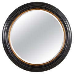 Regency Black Lacquer And Gilt Round Mirror With Beveled Glass, Large Scale