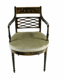 Regency Black Lacquer Desk and Chinese Chair Set Chinoiserie