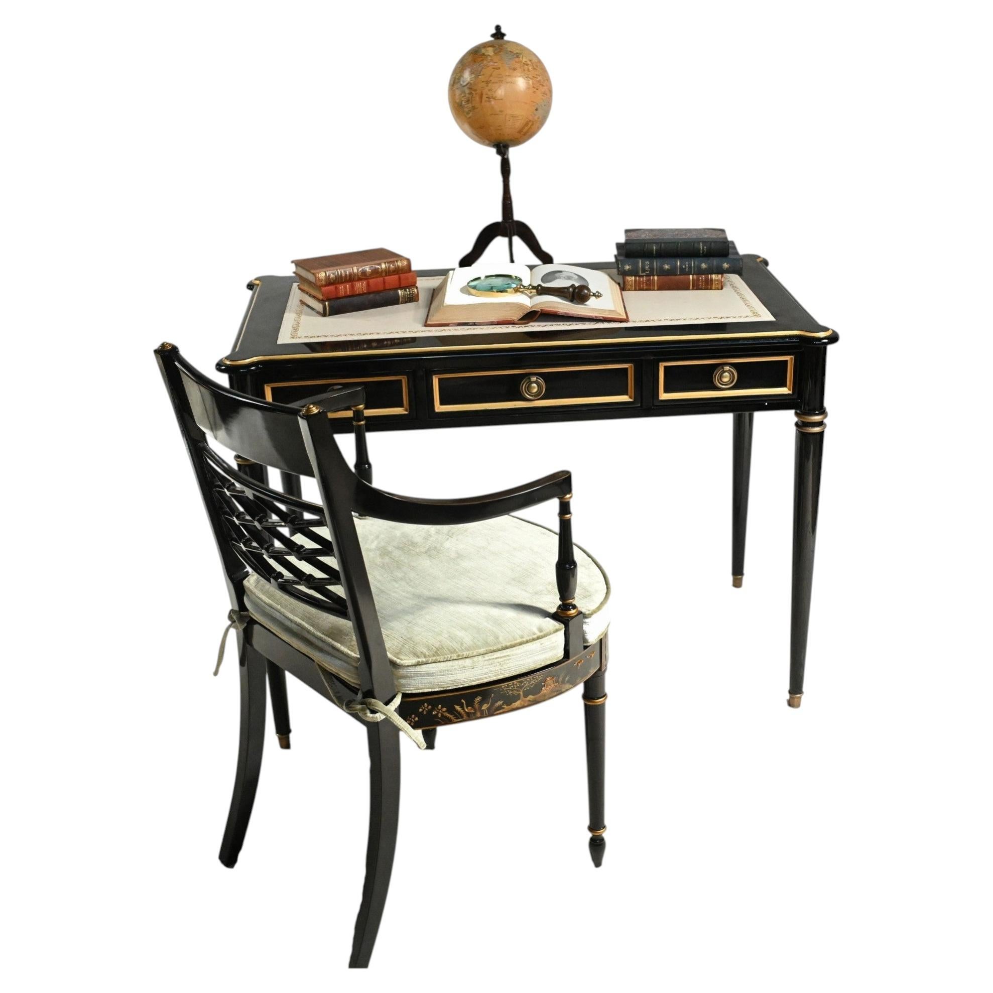 Regency Black Lacquer Desk and Chinese Chair Set Chinoiserie For Sale