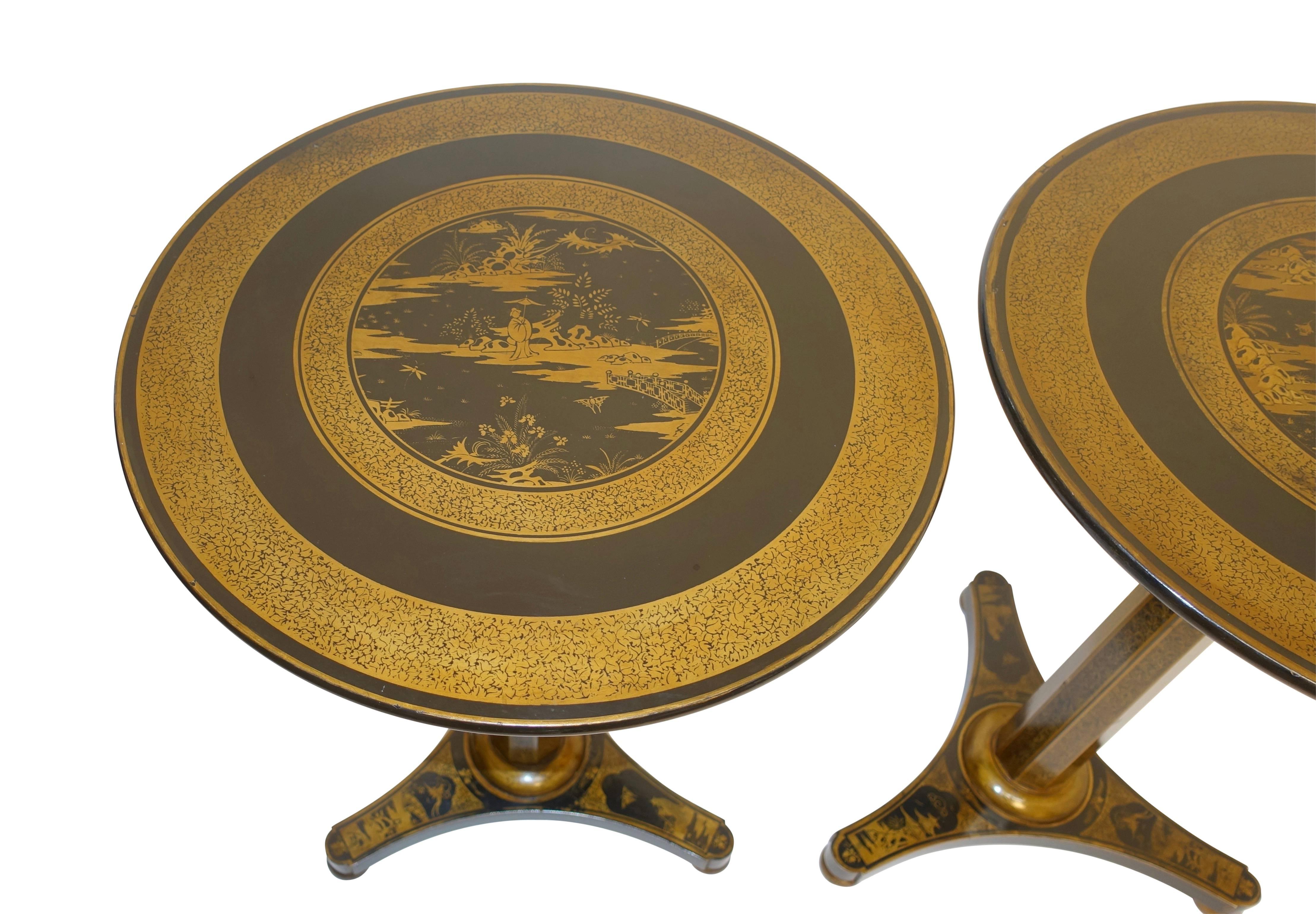 English Regency Black Lacquer Side Tables with Chinoiserie Decoration, circa 1840, Pair