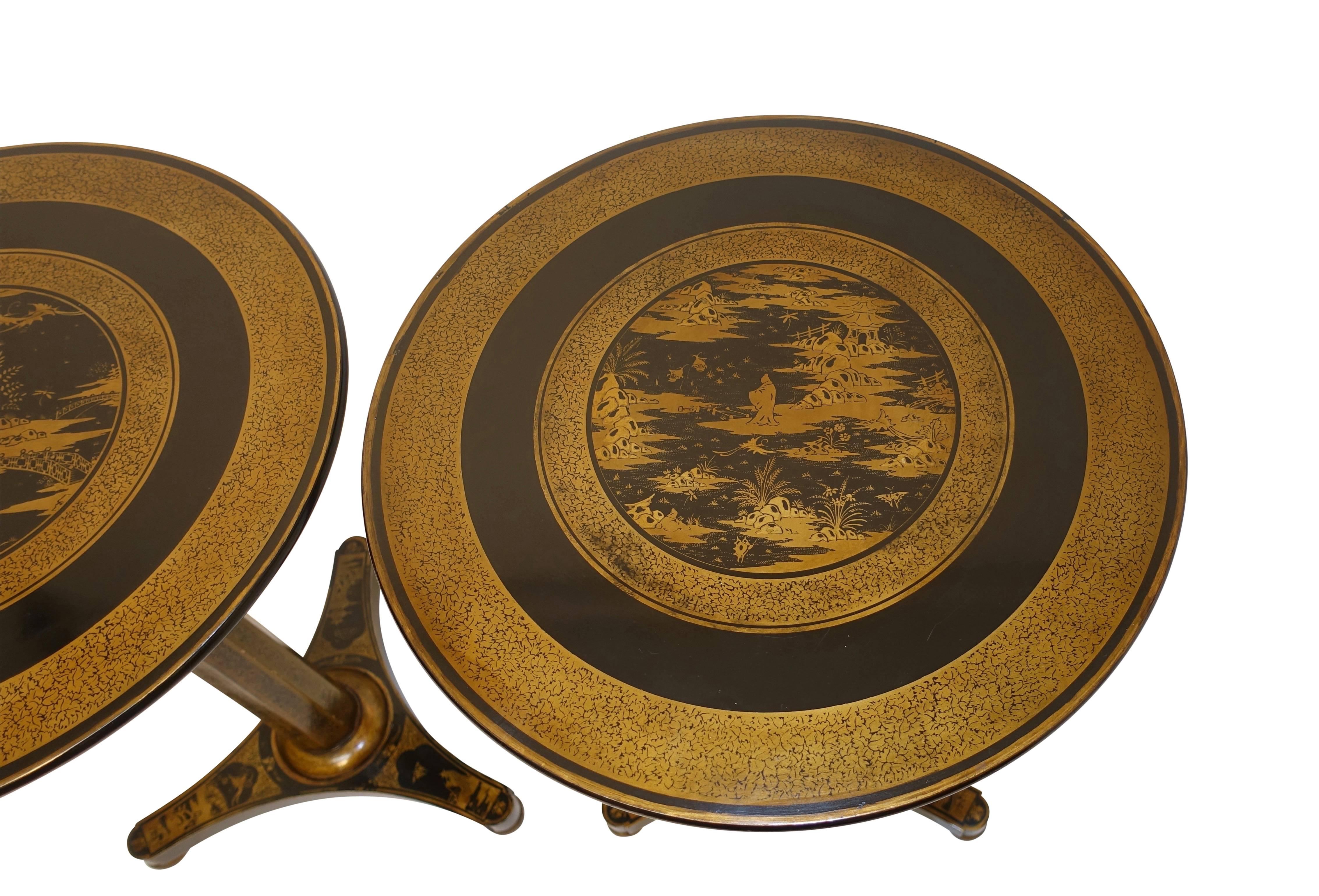 Regency Black Lacquer Side Tables with Chinoiserie Decoration, circa 1840, Pair In Excellent Condition In San Francisco, CA