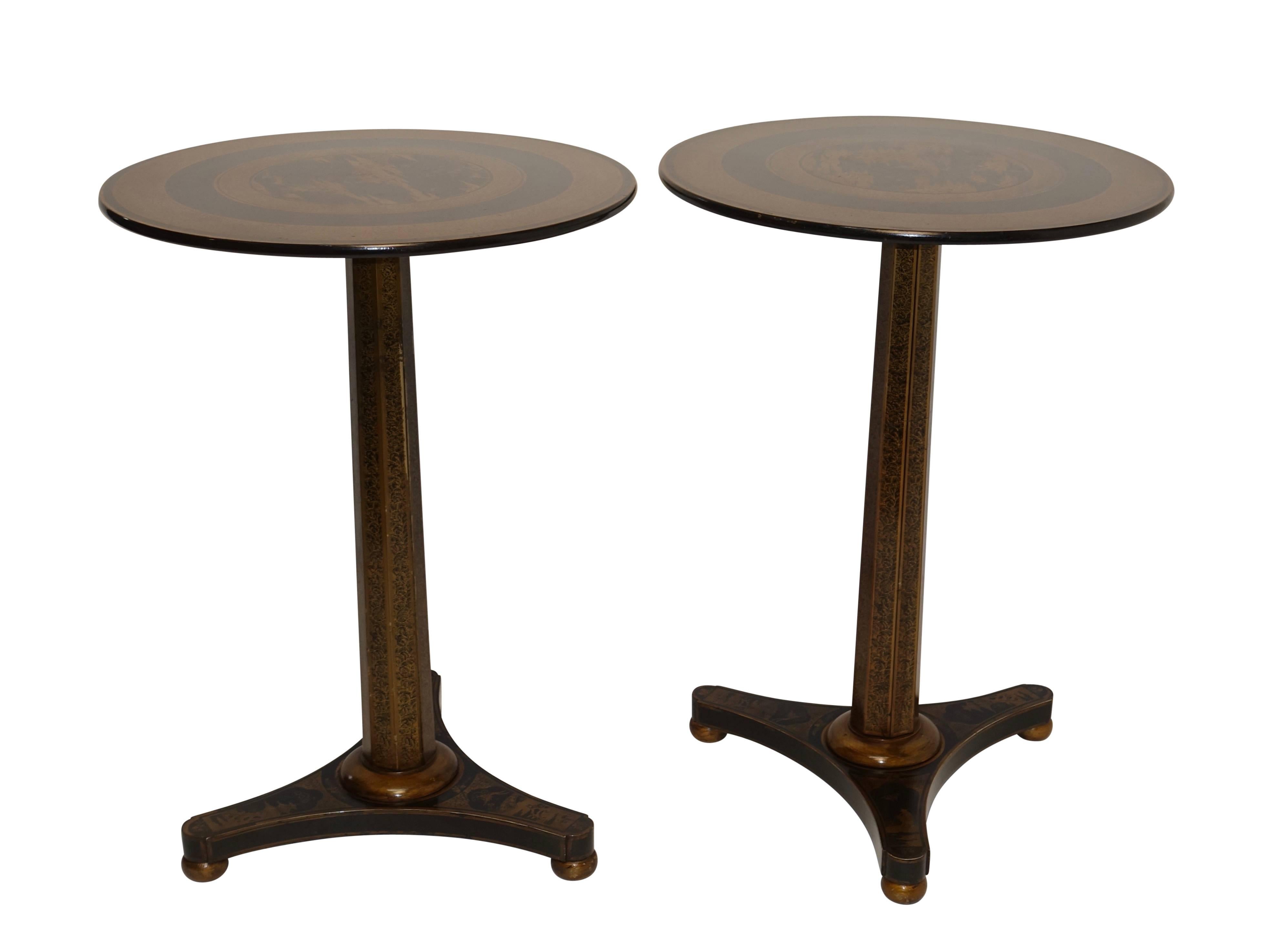 Wood Regency Black Lacquer Side Tables with Chinoiserie Decoration, circa 1840, Pair