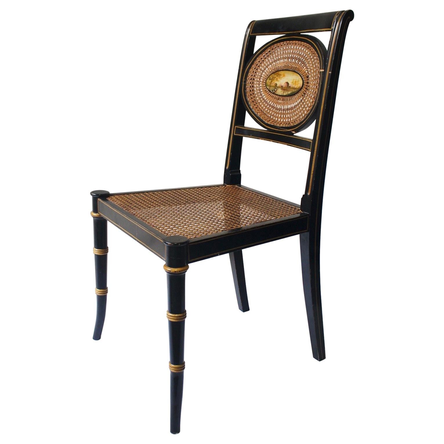 Regency Black Lacquered and Caned Hand Painted English Chair, late 19th century For Sale
