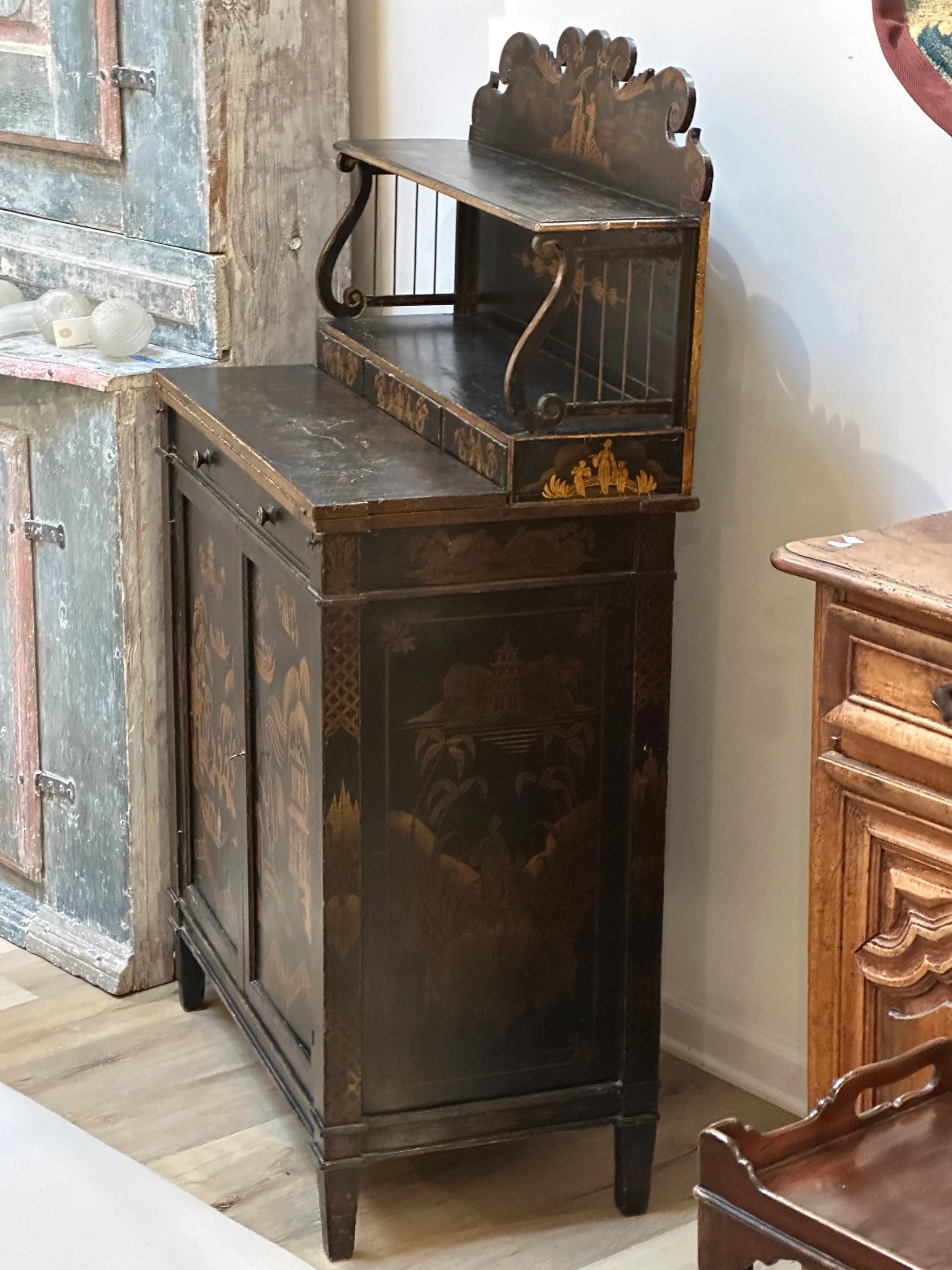 19th Century Regency Black Painted and Parcel-Gilt Chinoiserie Decorated Side Cabinet For Sale