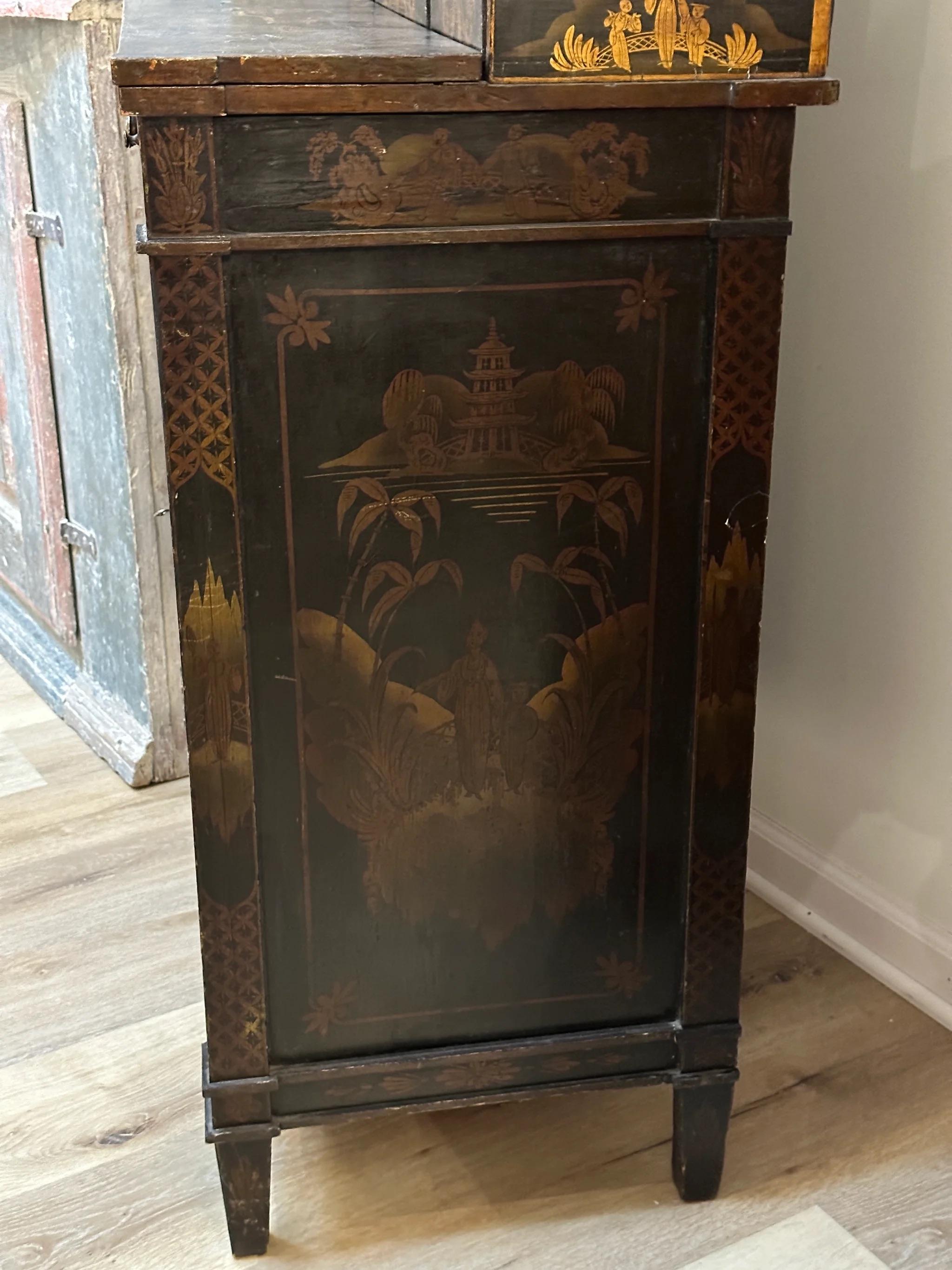 Regency Black Painted and Parcel-Gilt Chinoiserie Decorated Side Cabinet For Sale 1