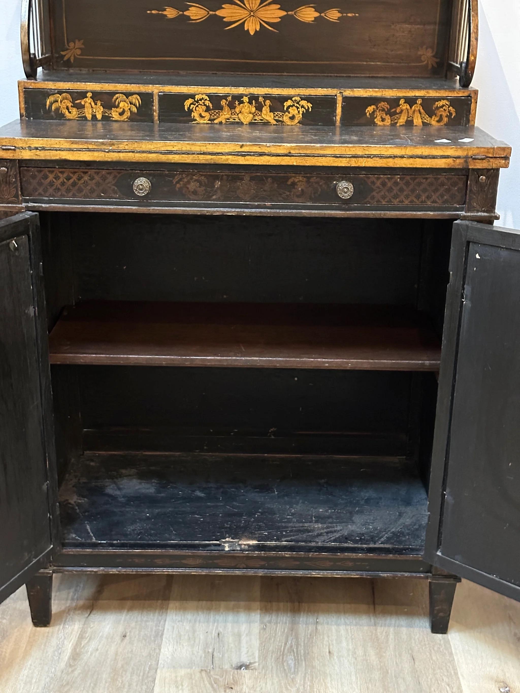 Regency Black Painted and Parcel-Gilt Chinoiserie Decorated Side Cabinet For Sale 2