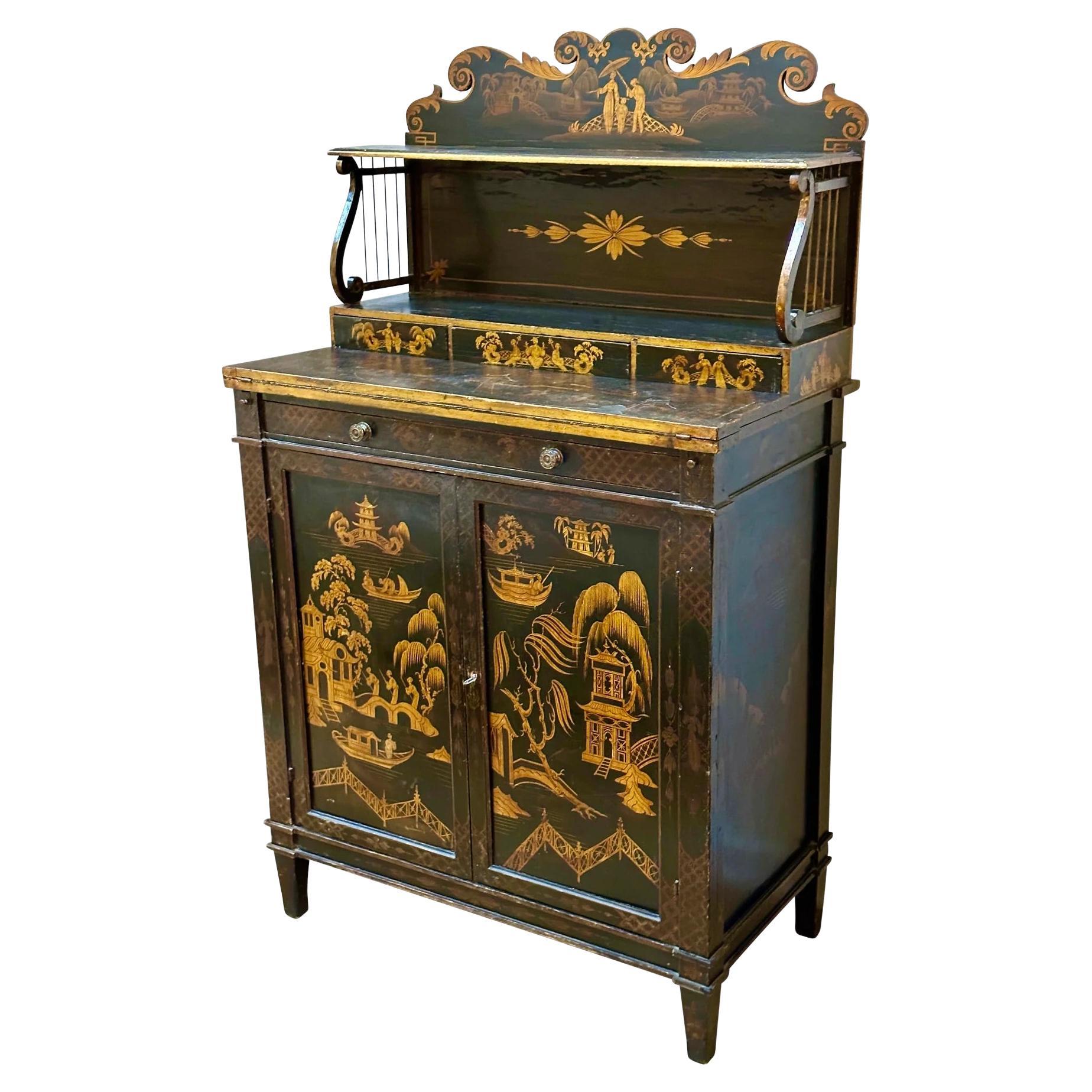 Regency Black Painted and Parcel-Gilt Chinoiserie Decorated Side Cabinet For Sale