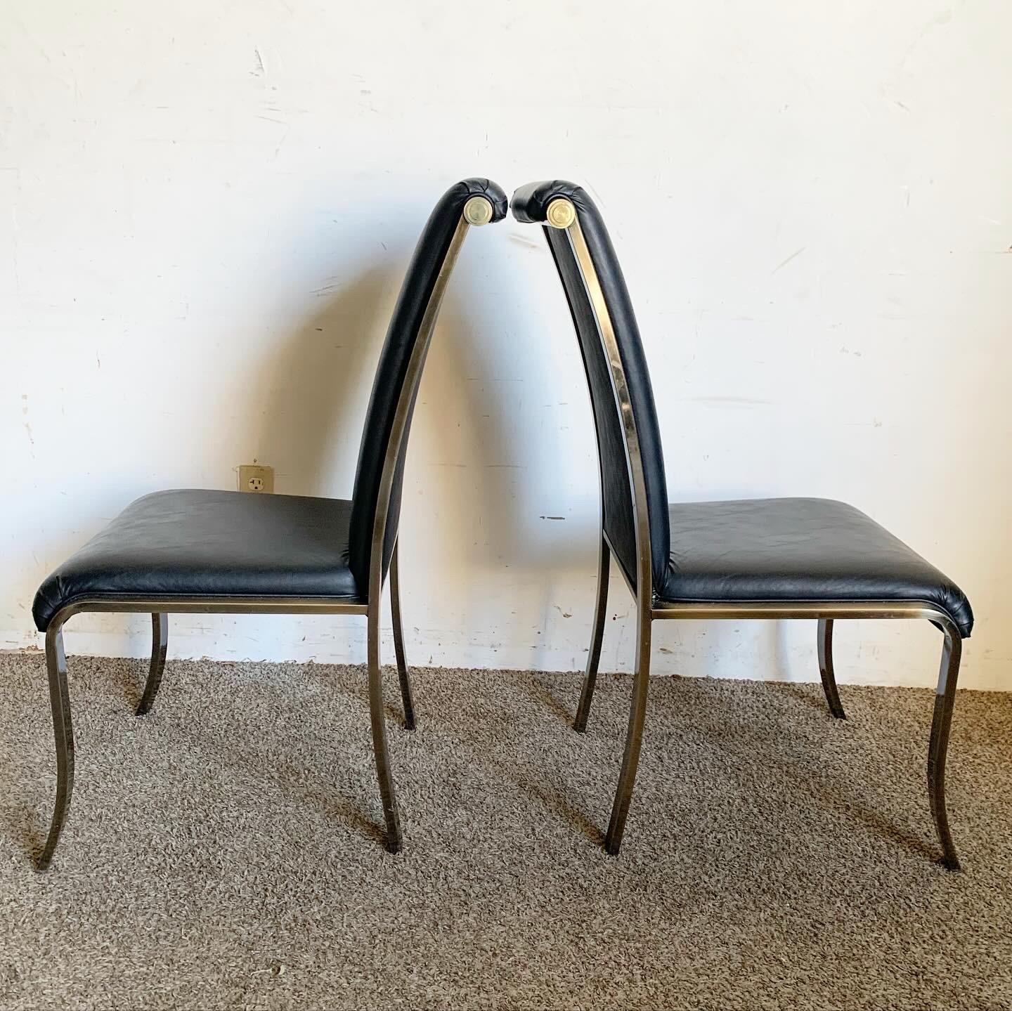 Metal Regency Black Vinyl and Brass Brushed Finished Dining Chairs by DIA For Sale