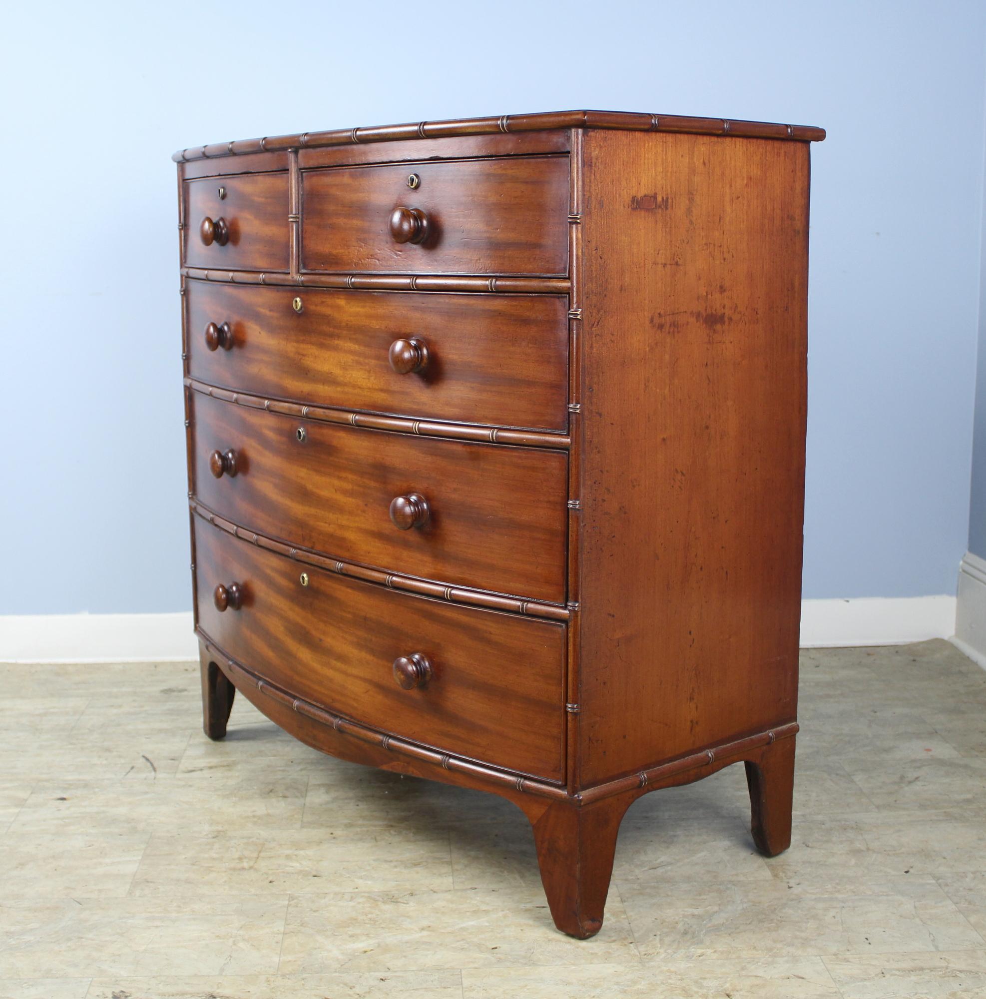 English Regency Bowfront Mahogany Faux Bamboo Chest of Drawers