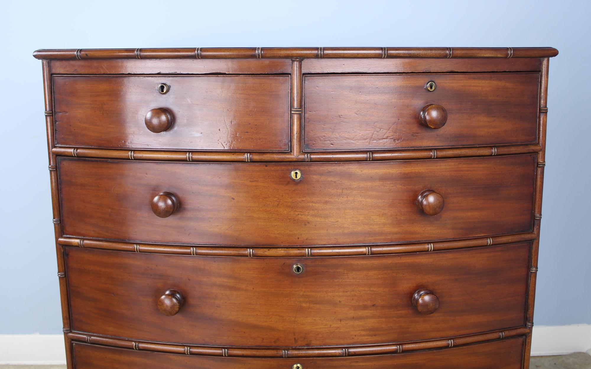 Regency Bowfront Mahogany Faux Bamboo Chest of Drawers In Good Condition In Port Chester, NY