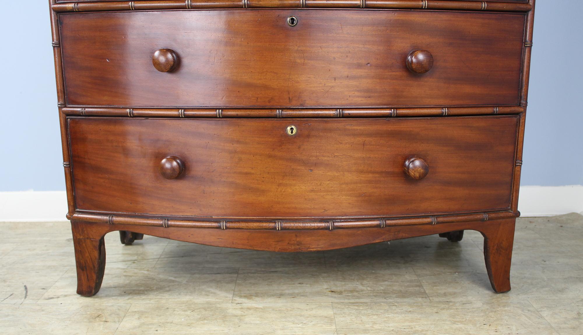 19th Century Regency Bowfront Mahogany Faux Bamboo Chest of Drawers