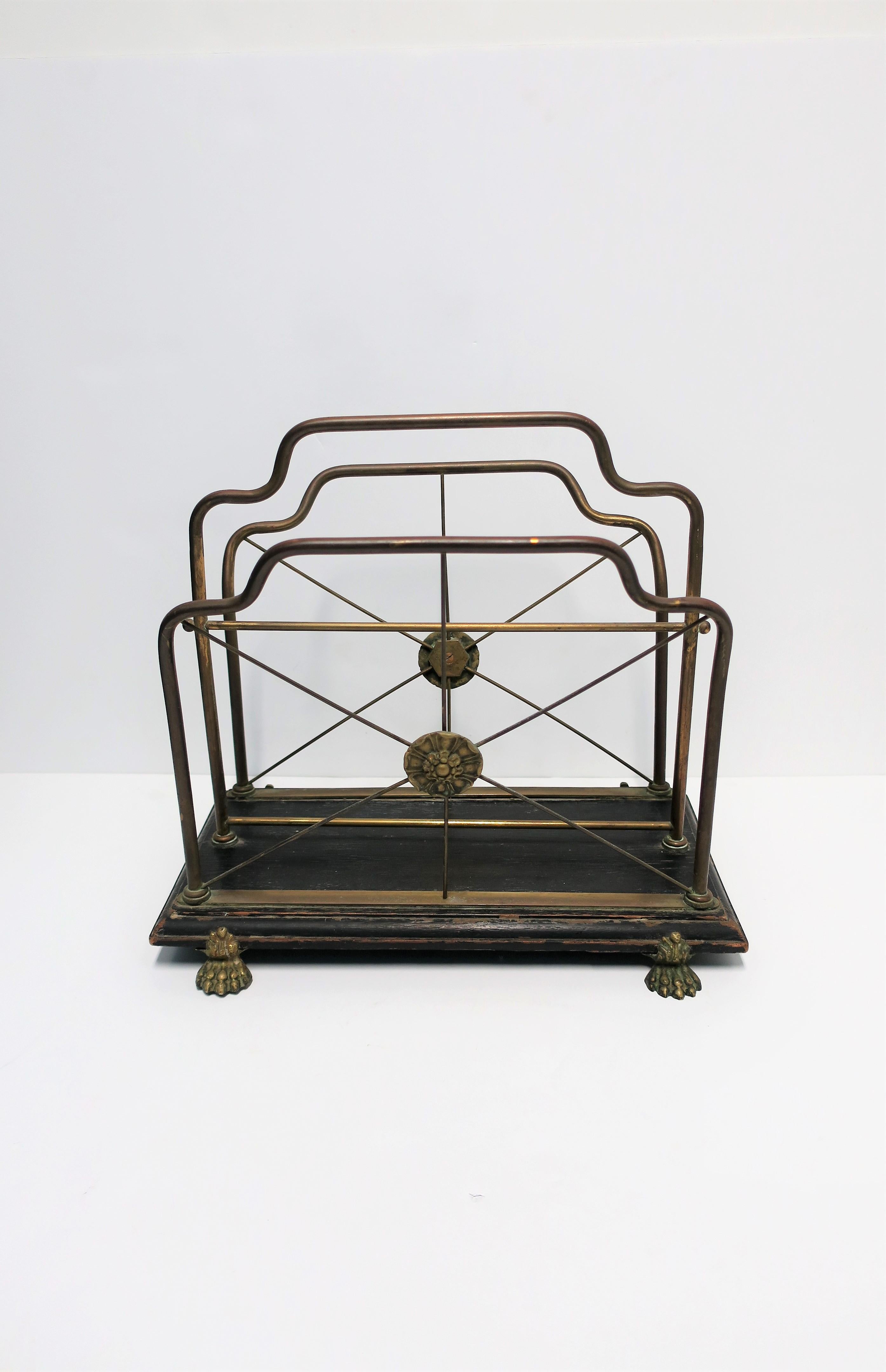 American Regency Brass and Black Lacquer Magazine Rack