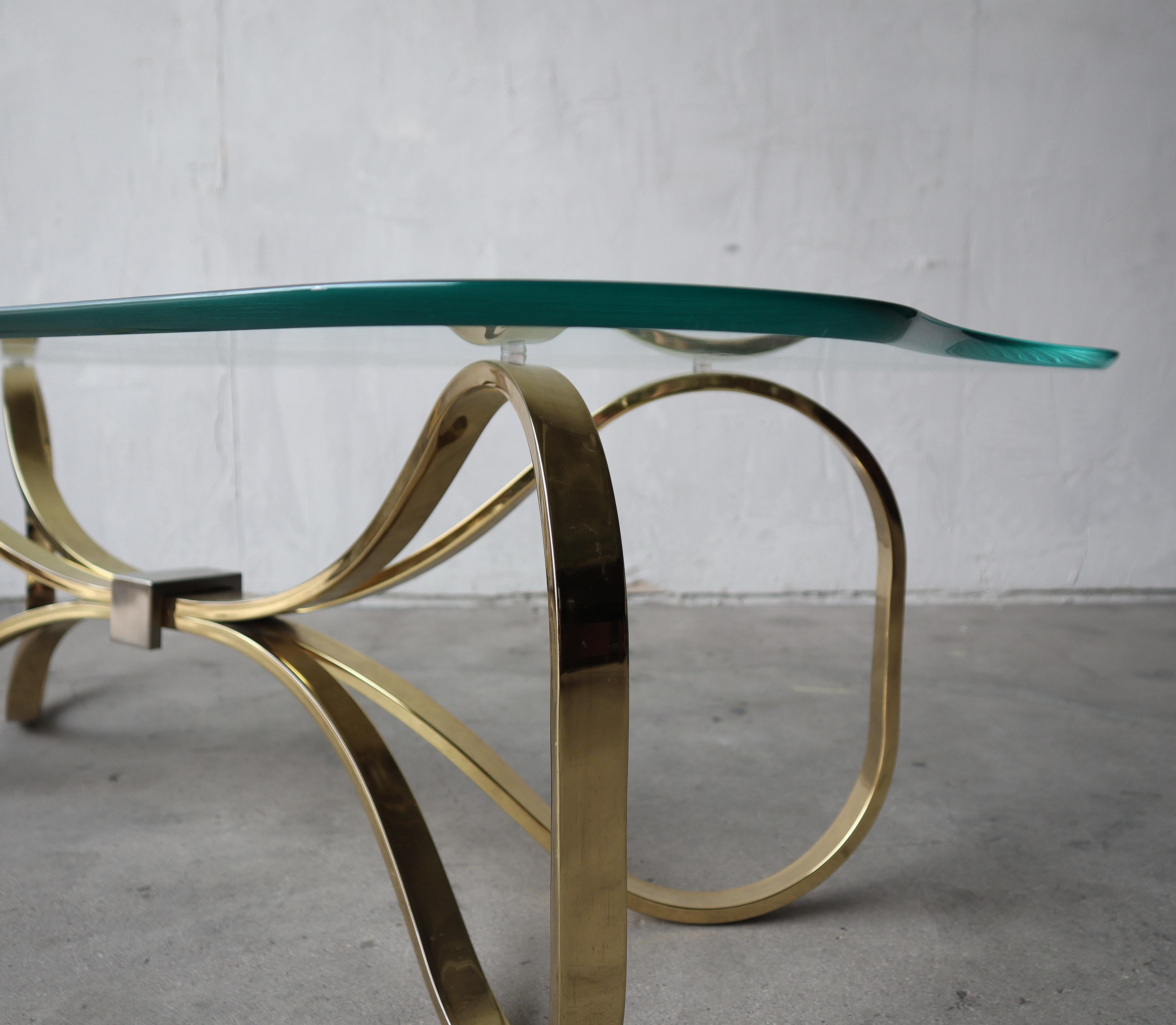 Regency Brass and Glass Bow Tie Coffee Table For Sale 1