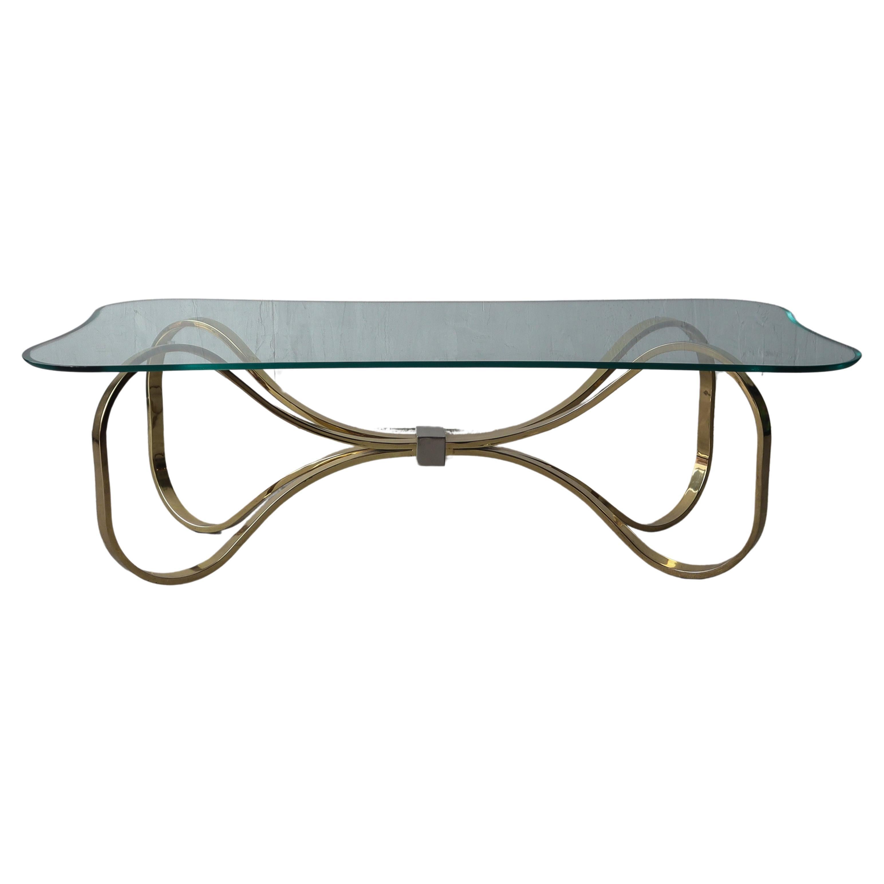 Regency Brass and Glass Bow Tie Coffee Table For Sale