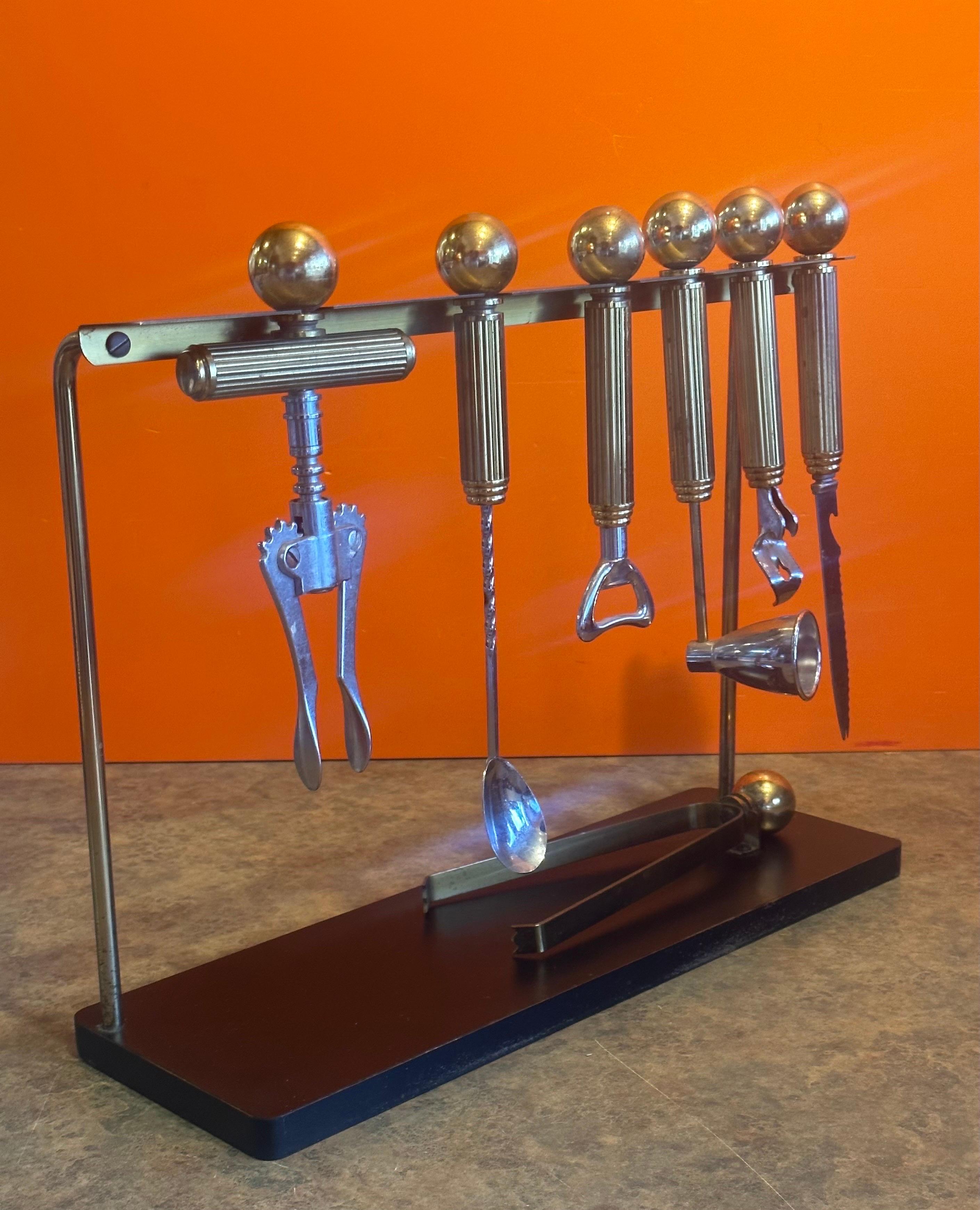 Stainless Steel Regency Brass & Bakelite Eight Piece Cocktail Bar Tool Set by Maxwell Phillips For Sale
