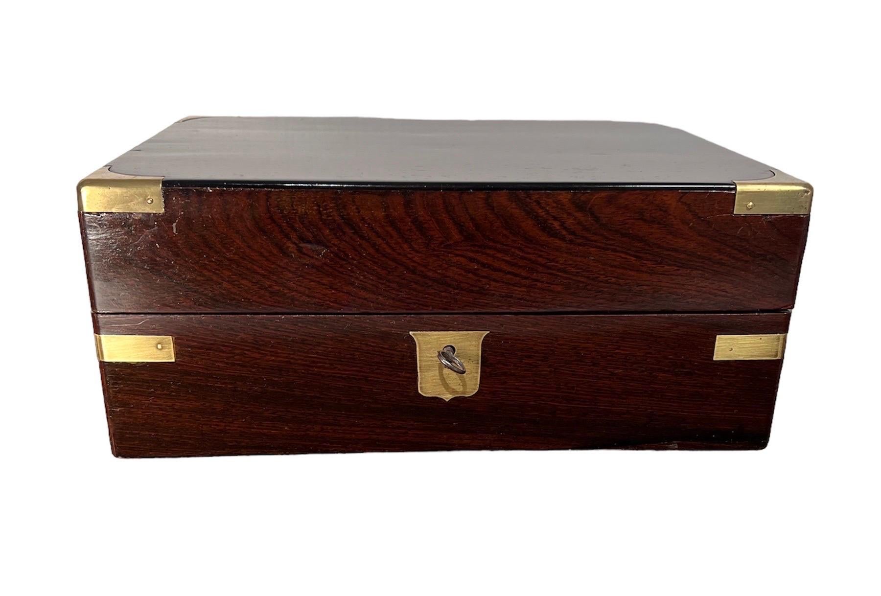 Leather Regency Brass Bound Rosewood Fitted Traveling Dressing Box For Sale