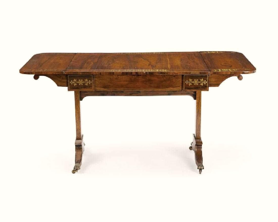 English Regency Brass Inlaid Drop-Leaf Library Table, 19th Century