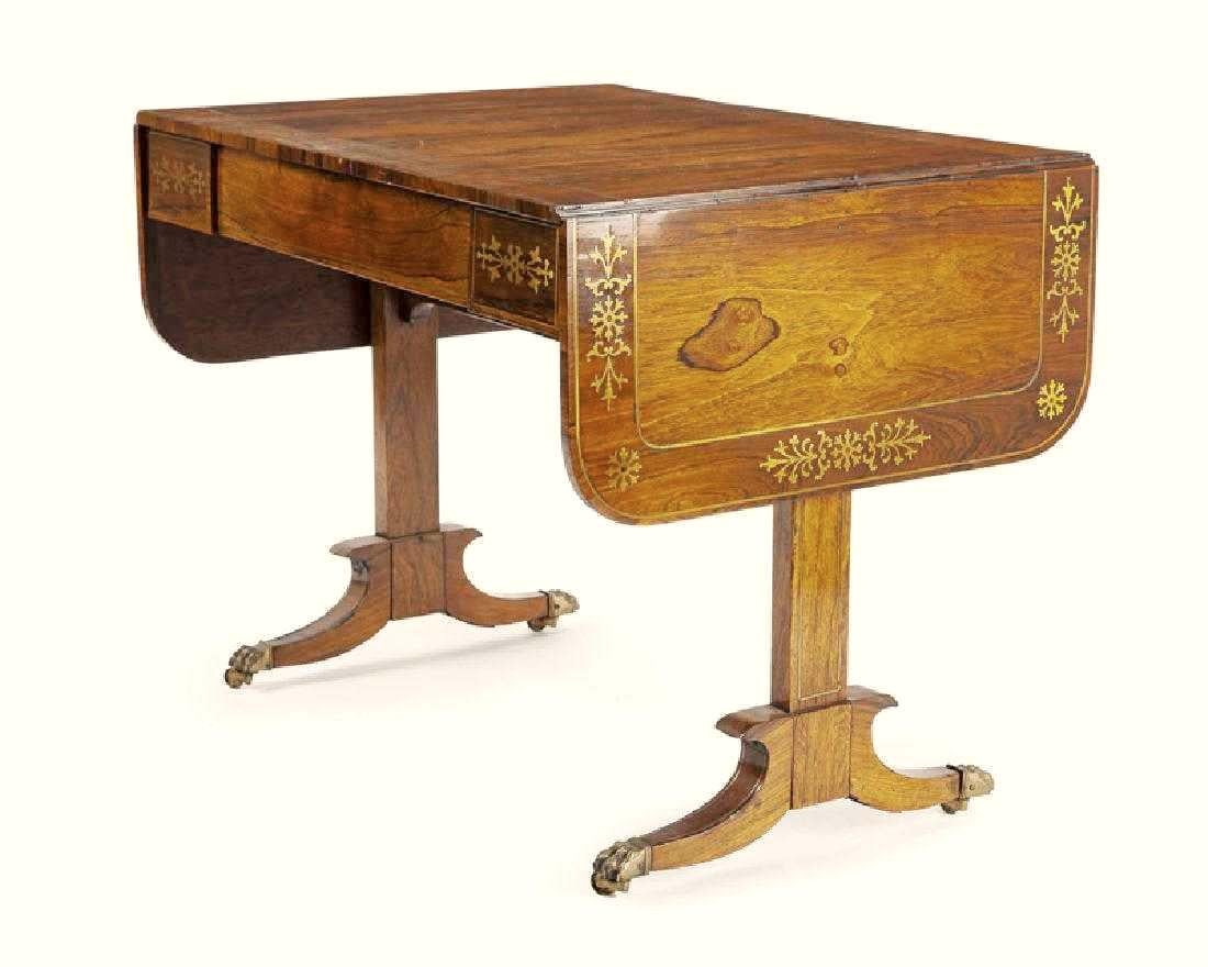 Inlay Regency Brass Inlaid Drop-Leaf Library Table, 19th Century