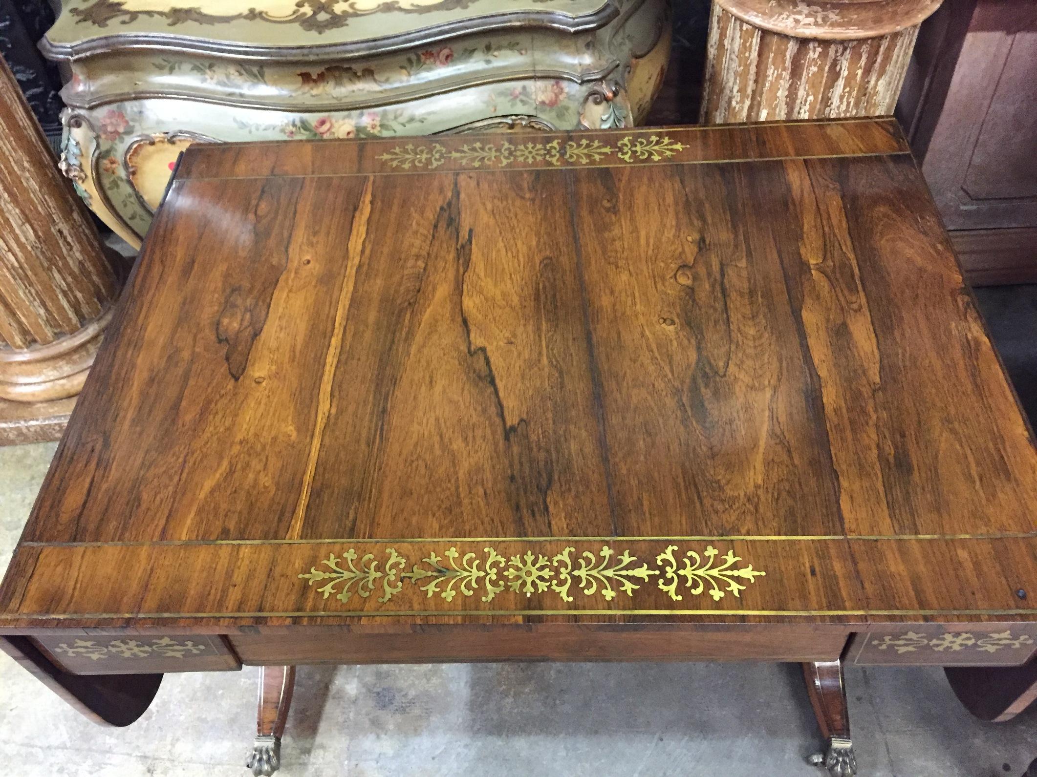 Regency Brass Inlaid Drop-Leaf Library Table, 19th Century In Good Condition In Cypress, CA