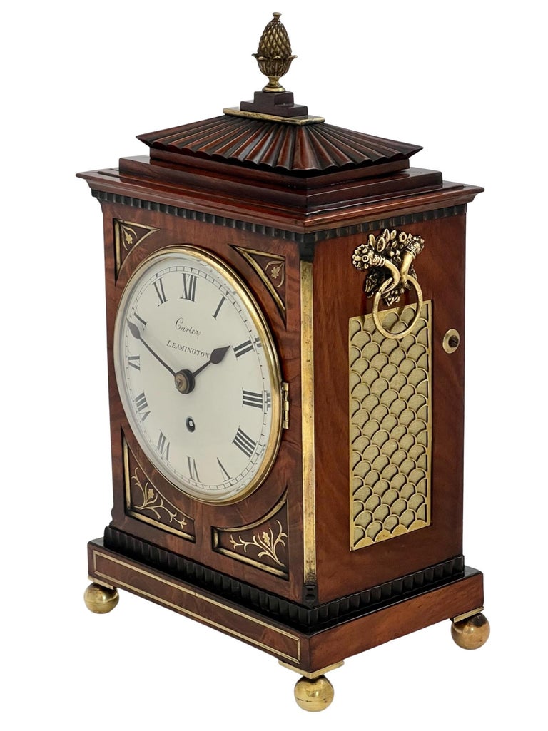Inlay Regency Brass Inlaid Mahogany Eight Day Timepiece Bracket Clock For Sale