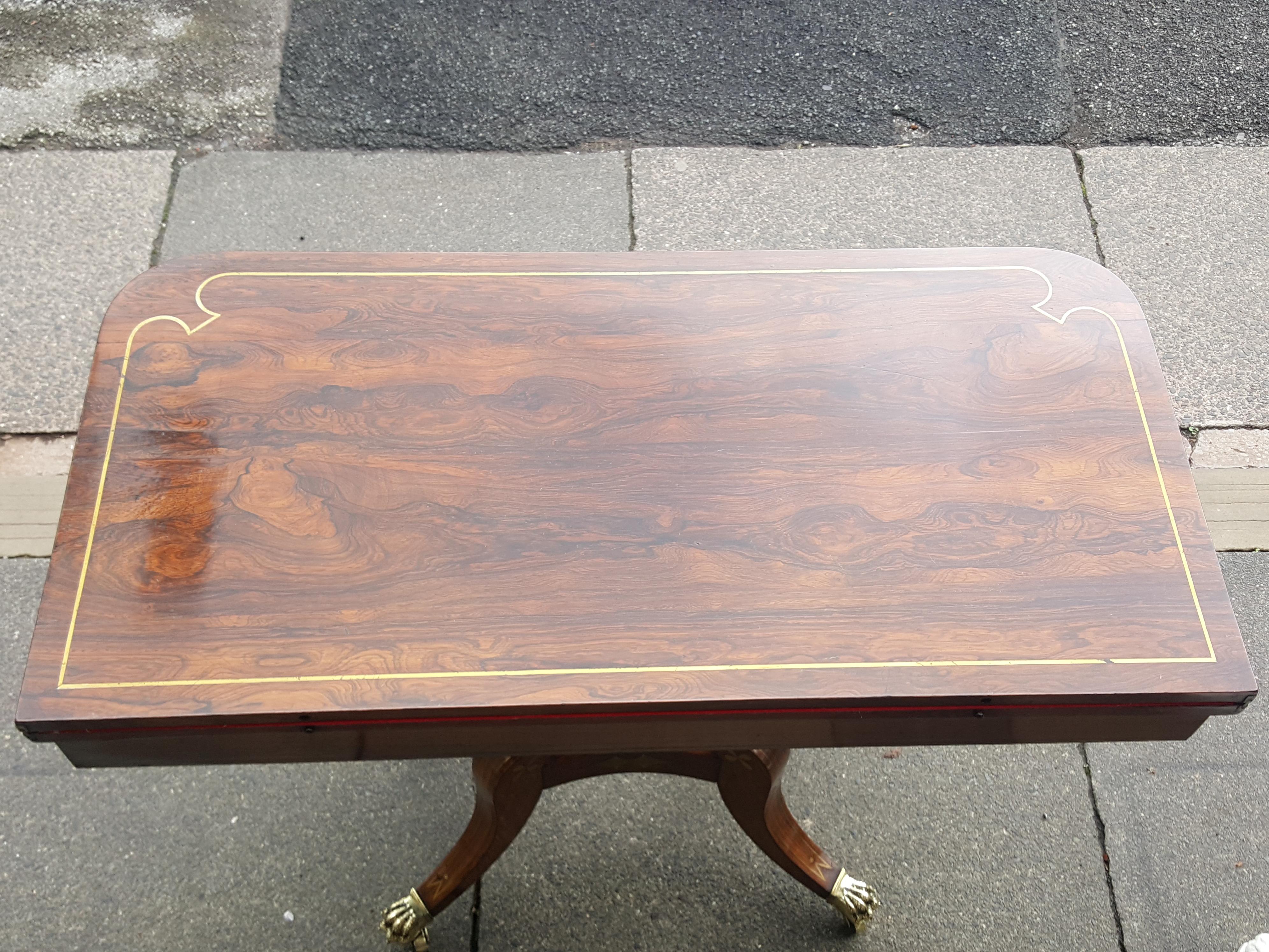 English Regency Brass Inlaid Rosewood Card Table