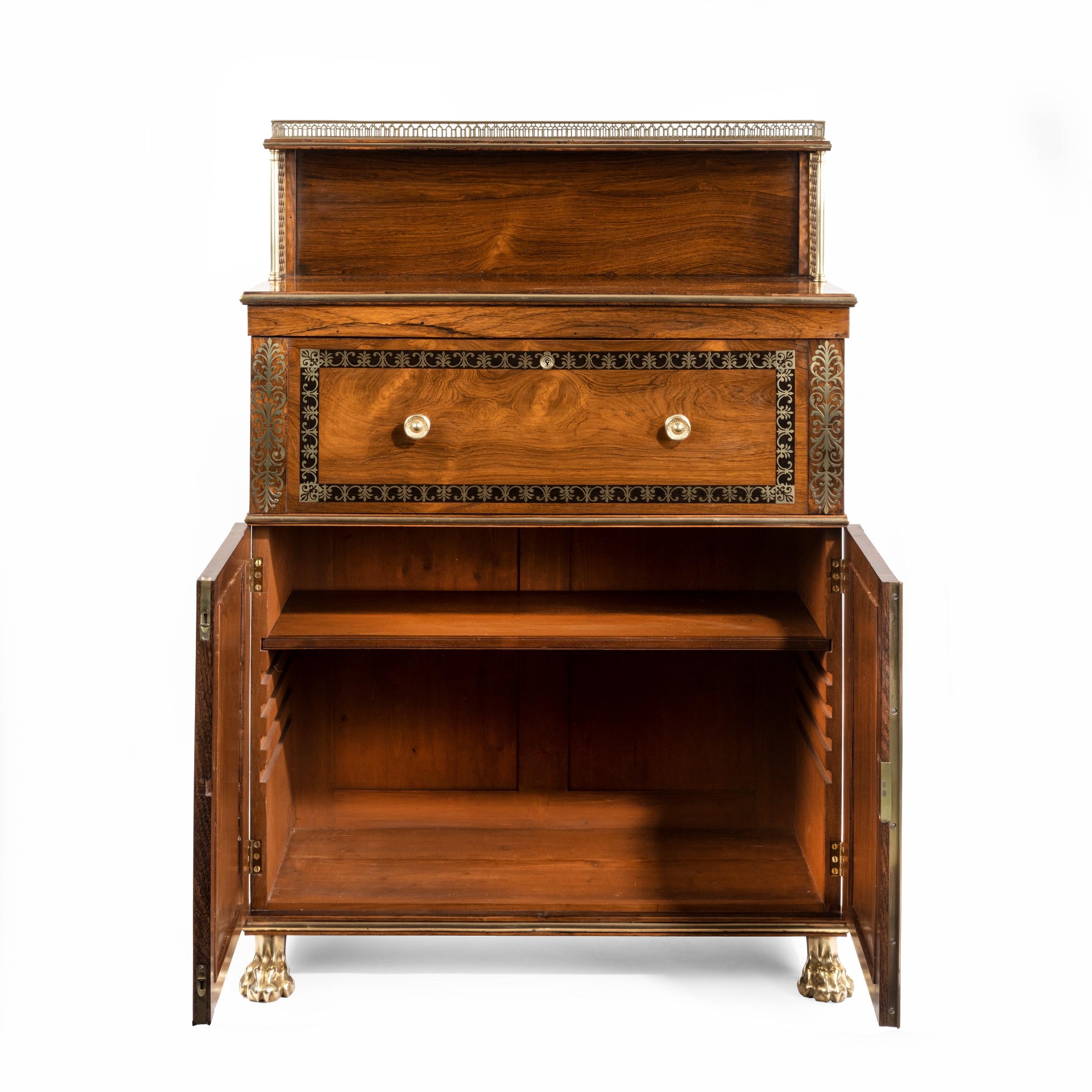 English Regency Brass-Inlaid Rosewood Secretaire Cabinet For Sale