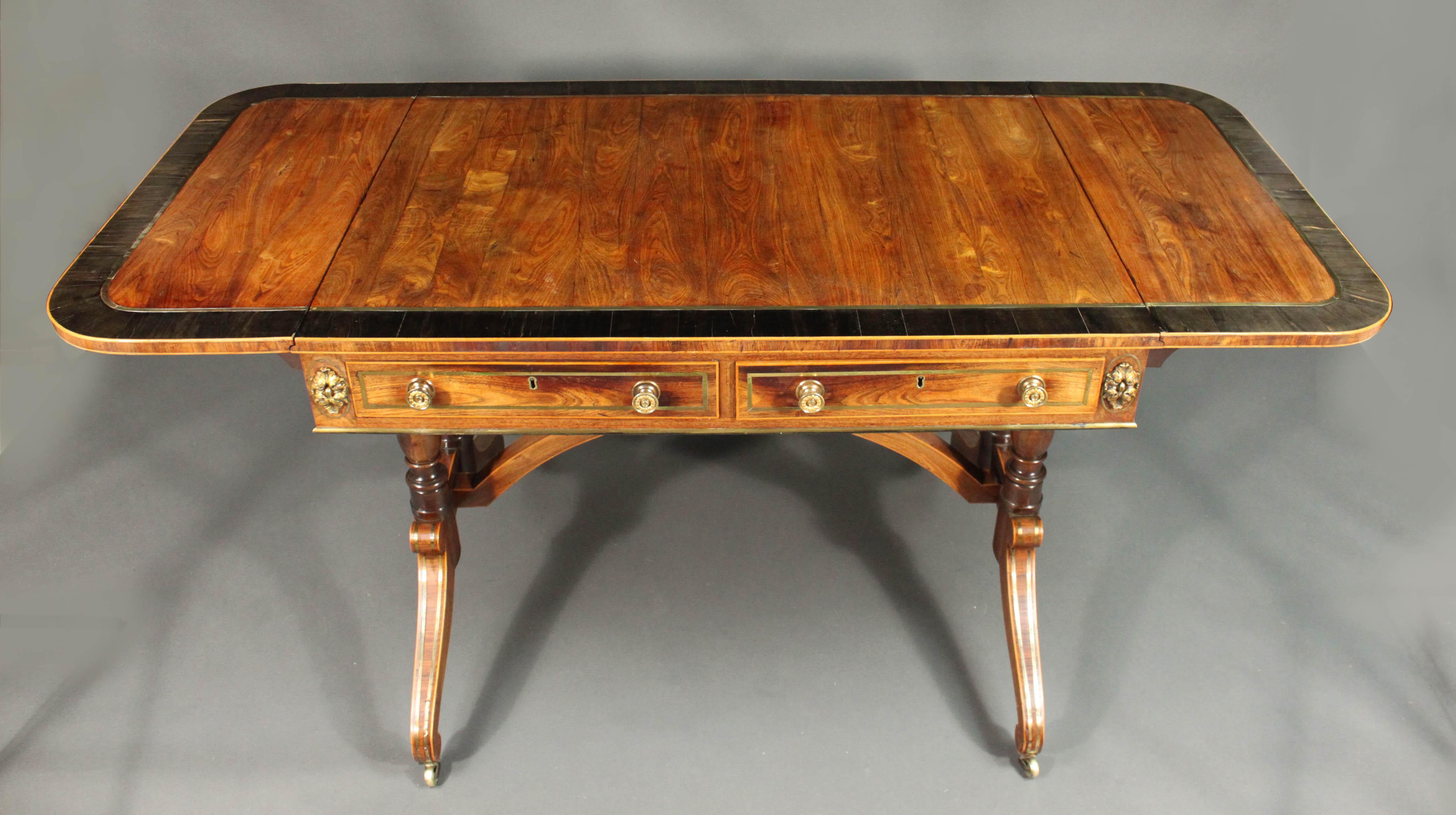 Regency Brass Inlaid Sofa Table in Kingwood In Good Condition For Sale In Bradford-on-Avon, Wiltshire