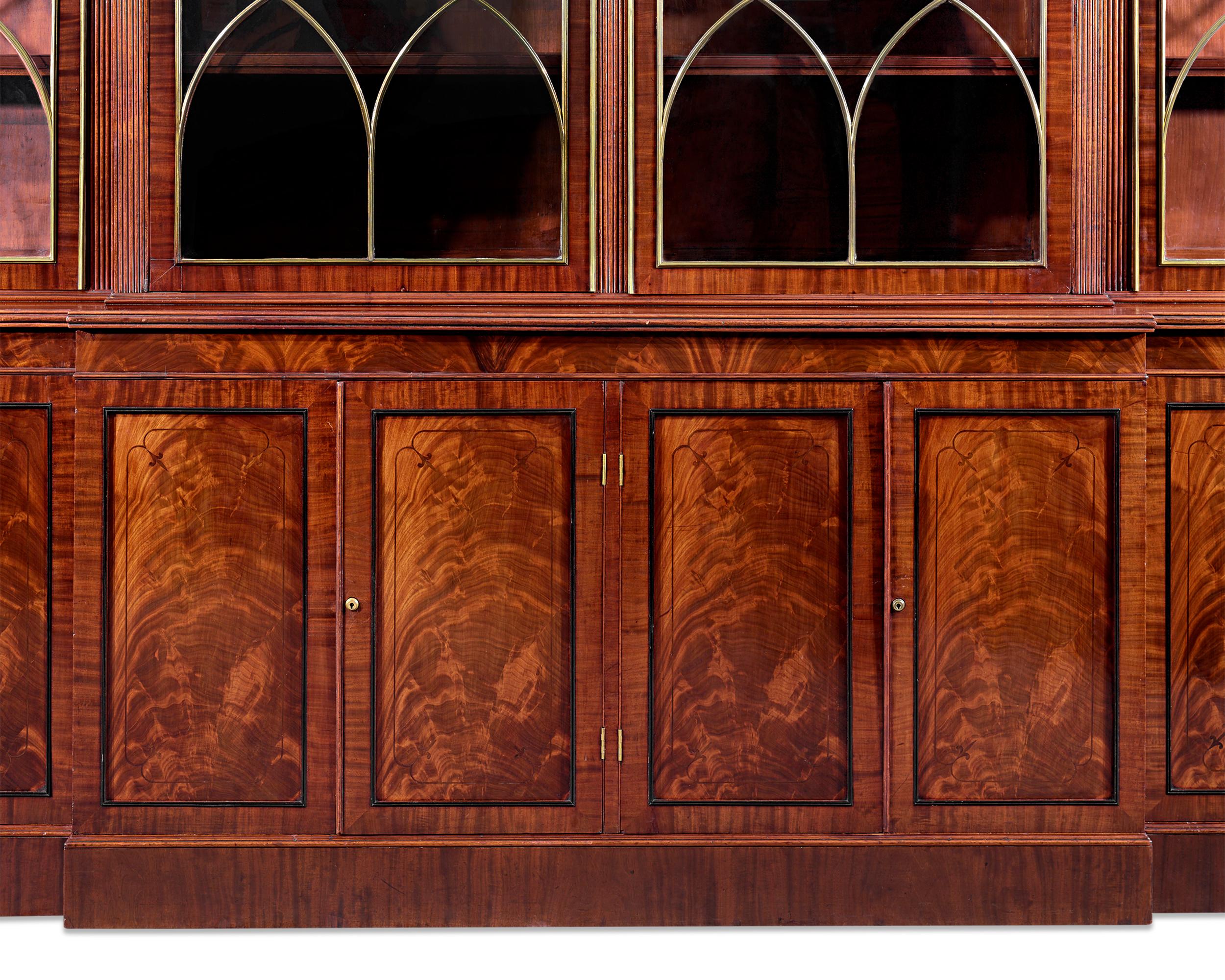 Regency Brass-Mounted Mahogany Breakfront Bookcase In Excellent Condition In New Orleans, LA