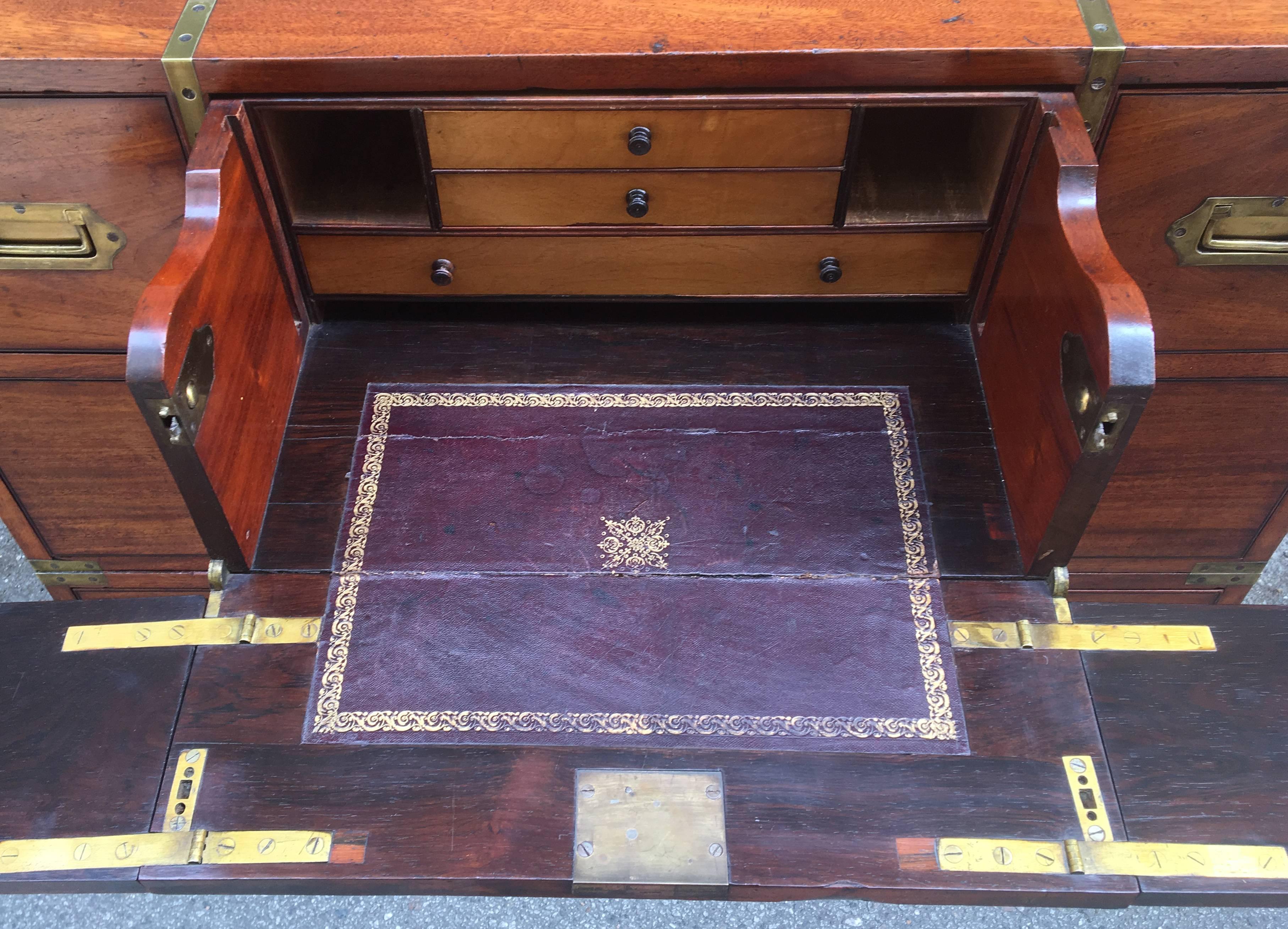 Regency Brass Mounted Mahogany Two-Part Secrétaire Military Campaign Chest In Good Condition For Sale In Charleston, SC