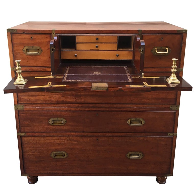 Two-part secretaire campaign chest, 1850, offered by David Skinner Antiques