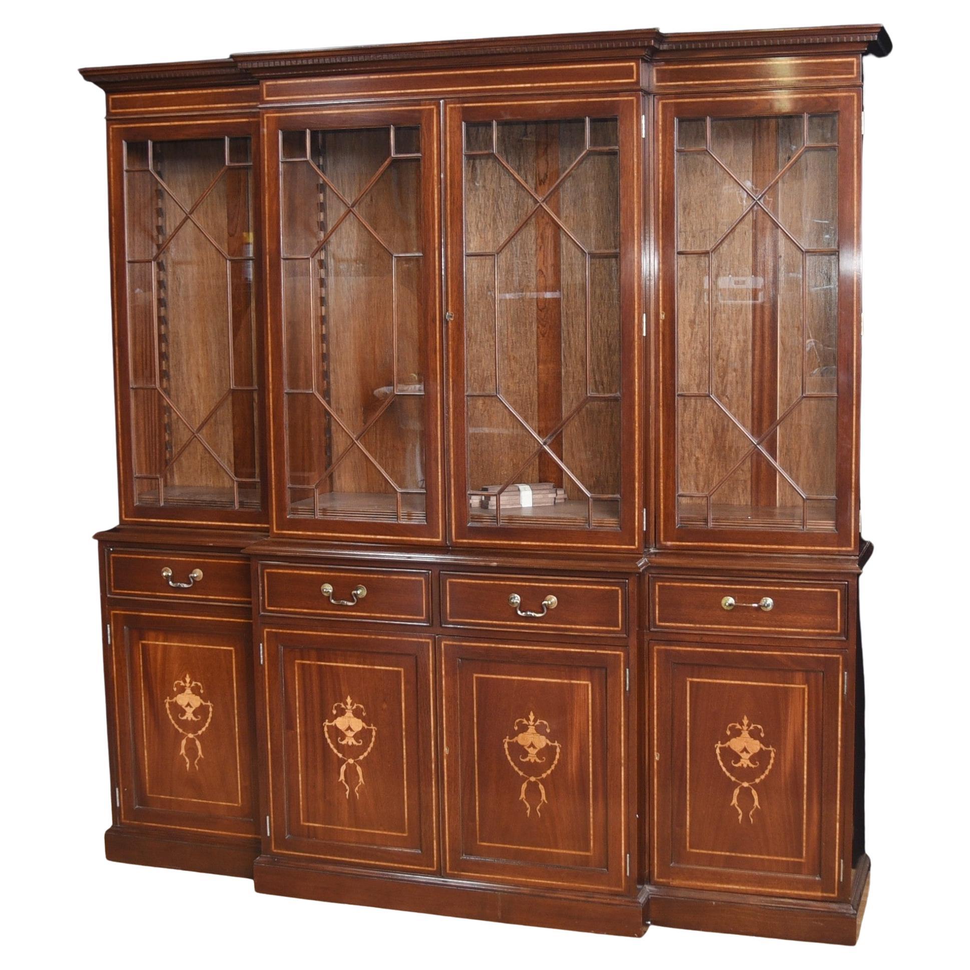 Regency Breakfront Bookcase Mahogany Sheraton Inlay For Sale