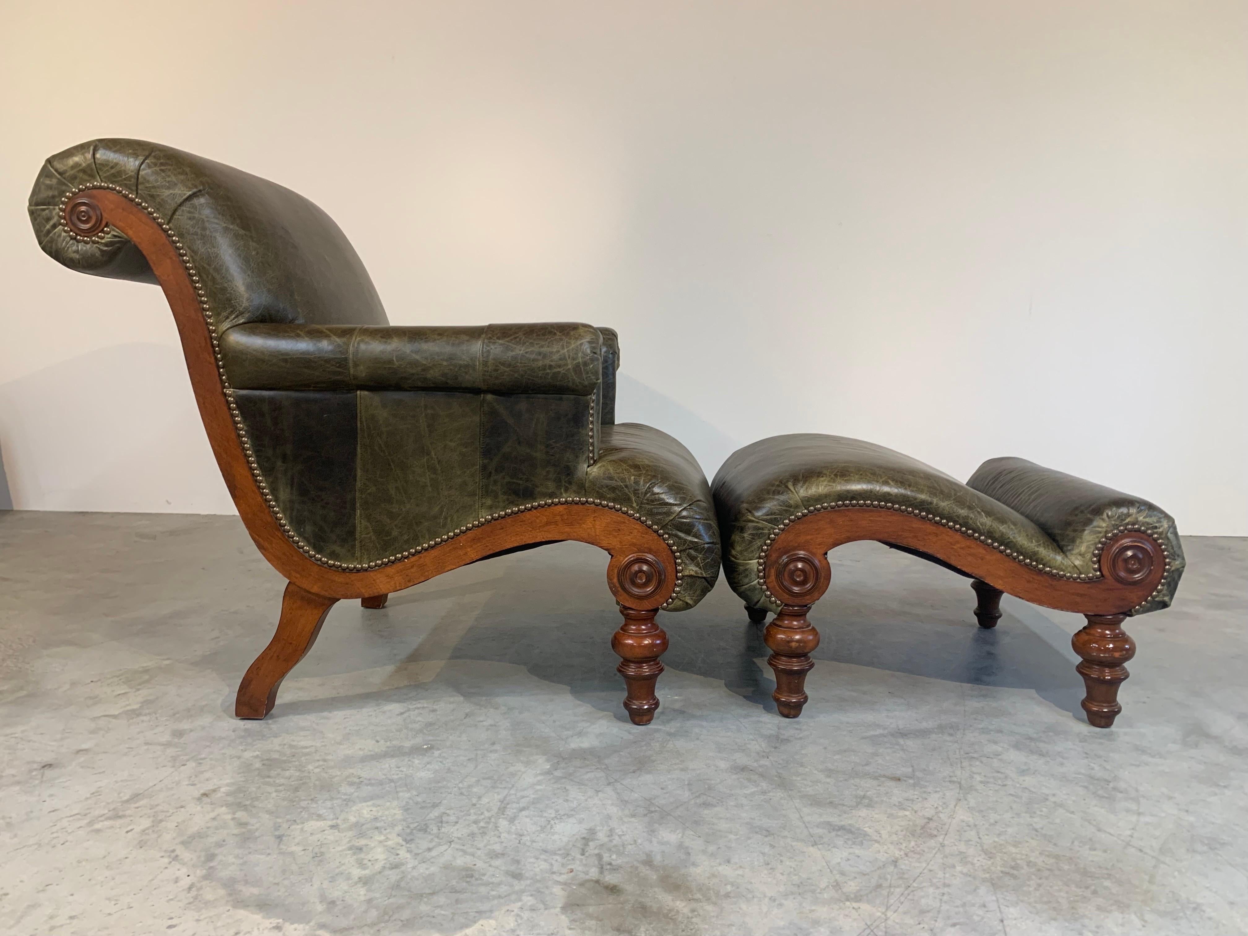 Hathaway lounge chair and ottoman by Drexel Heritage designed in a contemporary British colonial style and reminiscent of a plantation chair in form. Walnut legs with supple deep green aniline leather.

Ottoman Dimensions: 17 x 24 x 29” HWD.
